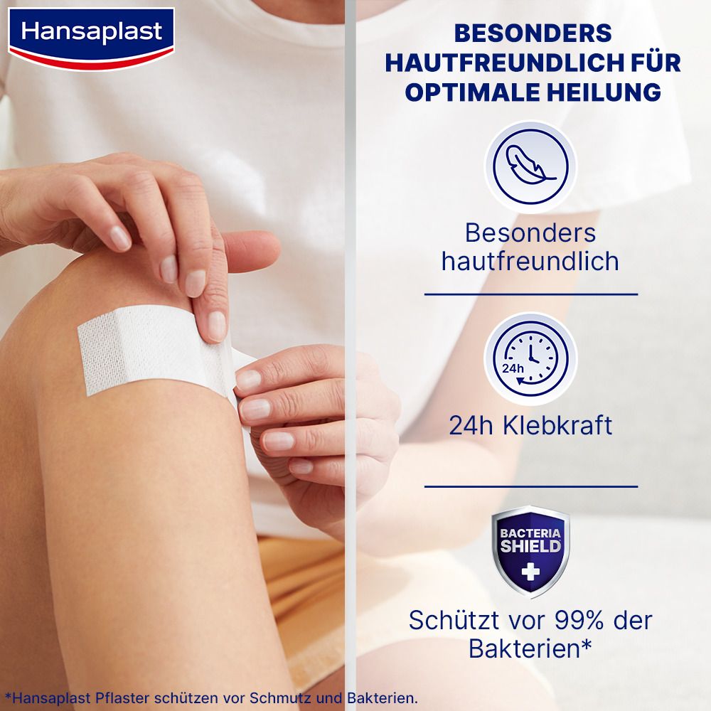 Person zeigt Pflaster auf Knie. Text: Besonders hautfreundlich, 24h Klebkraft, Bacteria Shield. Hansaplast-Logo.