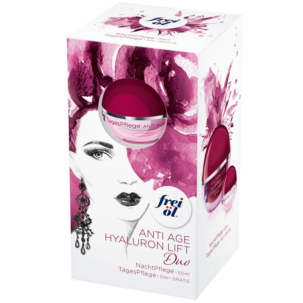 Verpackung mit zwei Tiegeln. Aufdruck: frei öl®, ANTI AGE HYALURON LIFT Duo. Abbildung einer Frau.