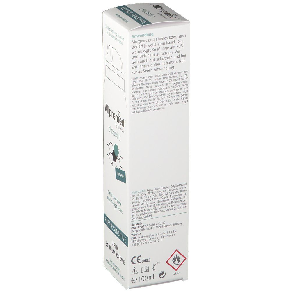 Weiße Faltschachtel mit Produktinformationen. Aufschrift: Allpremed diabetic REPAIR SENSITIVE Lipid Schaum-Creme. Mit CE-Zeichen und Flammen-Symbol.