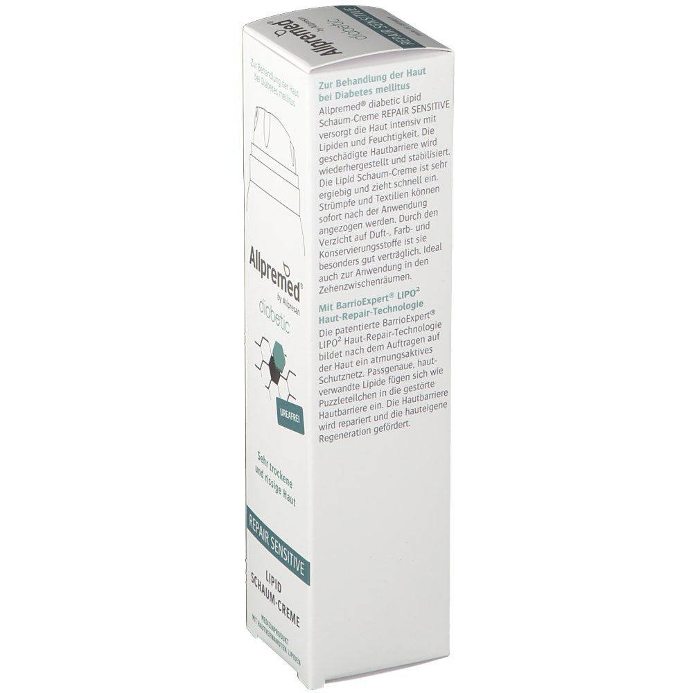 Weiße Faltschachtel mit Produktinformationen und Schriftzug Allpremed diabetic. Aufschrift: REPAIR SENSITIVE Lipid Schaum-Creme. Mit CE-Zeichen.