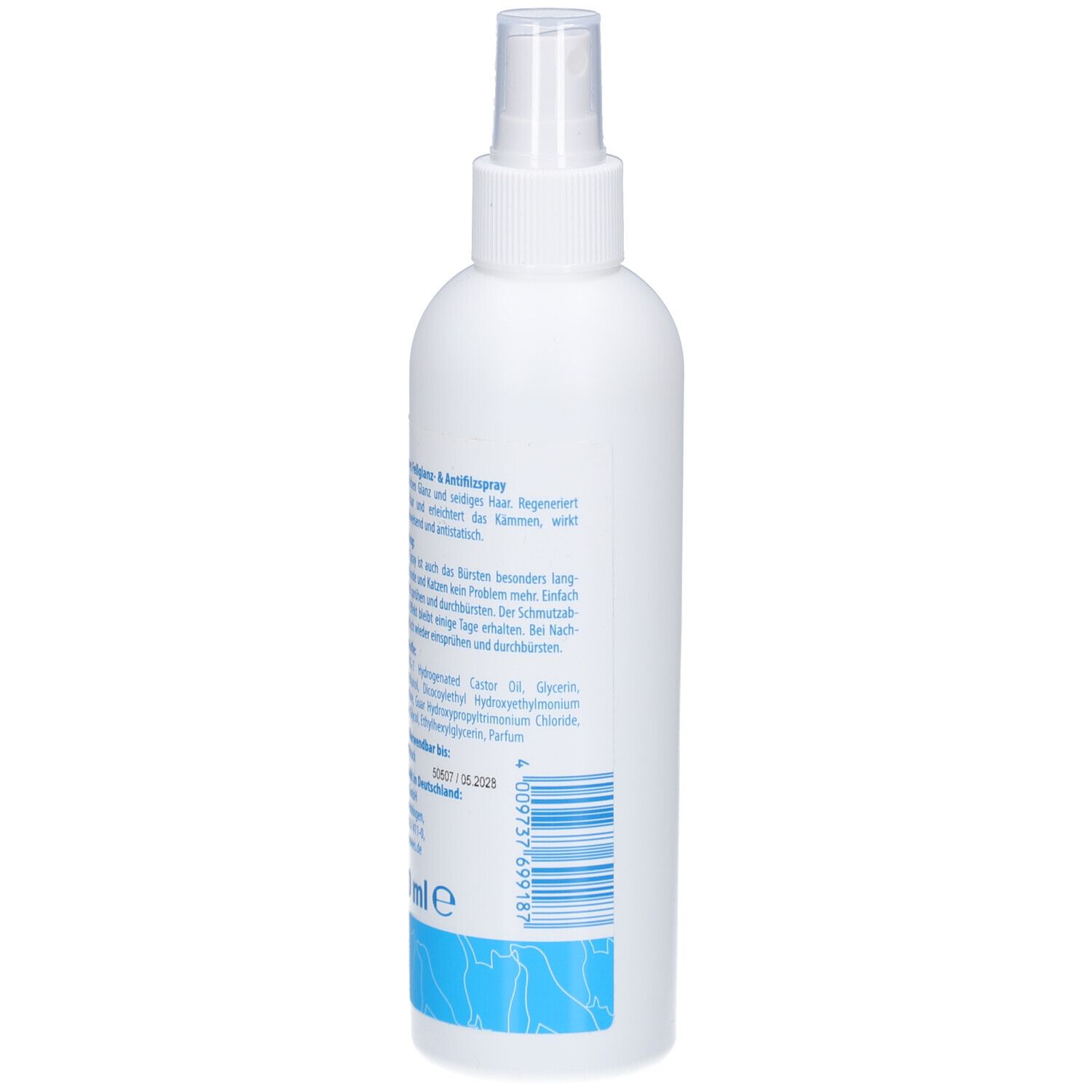 Weiße Sprühflasche, Rückseite. Text: Fellglanz & Antifilz Spray. Inhaltsstoffe, Anwendungshinweise, Chargennummer.