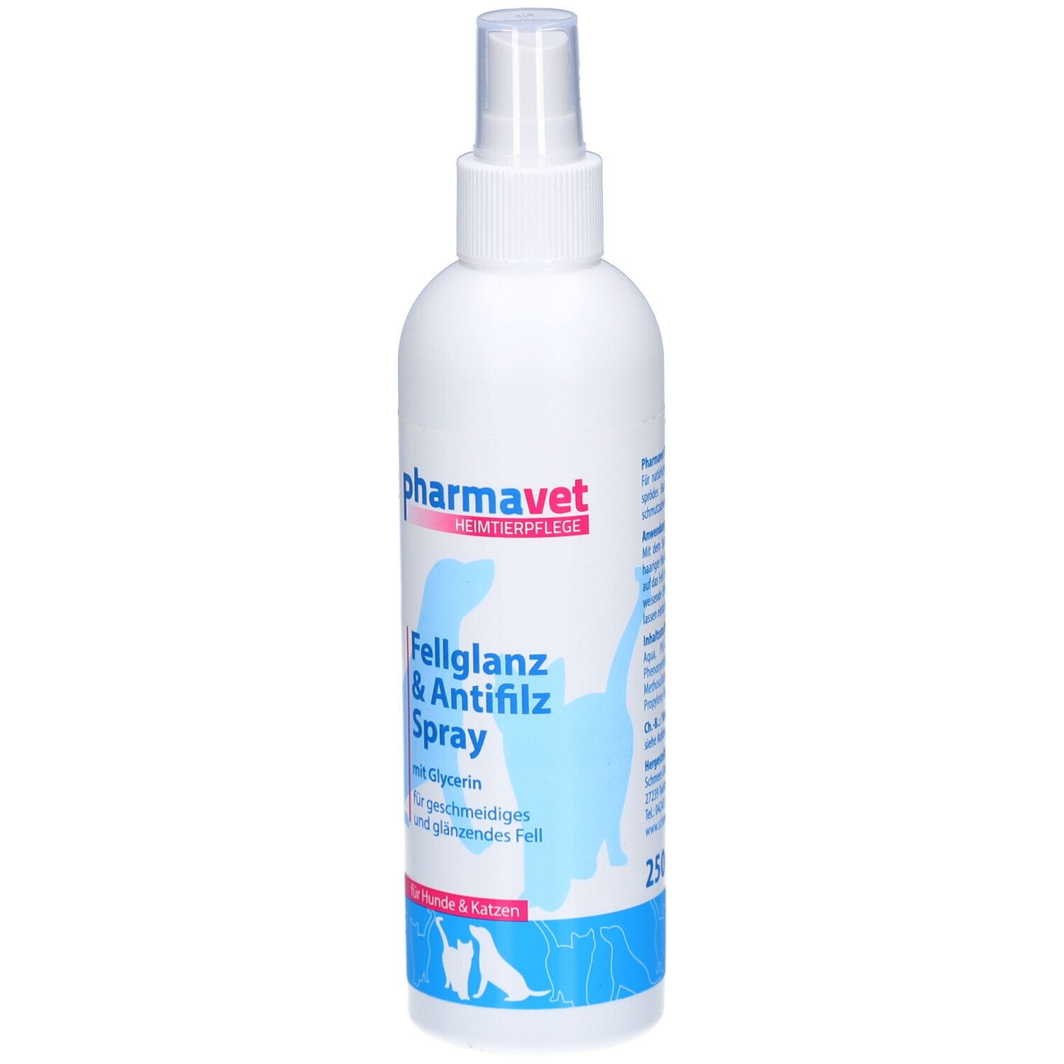 Weiße Sprühflasche. Text: pharmavet, Fellglanz & Antifilz Spray. Volumen: 250 ml.