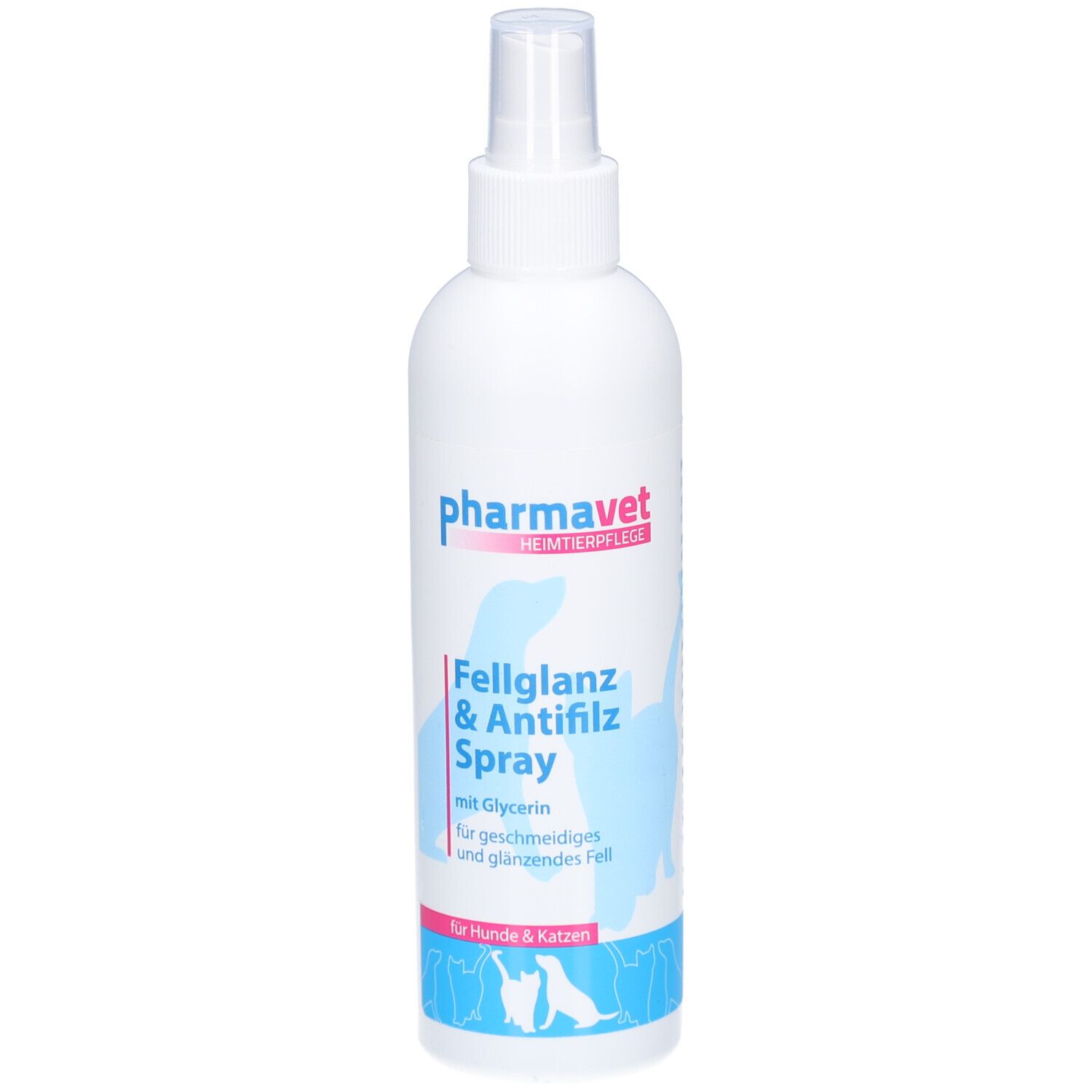 Weiße Sprühflasche mit blauem Etikett. Text: pharmavet, Fellglanz & Antifilz Spray. Für Hunde & Katzen.