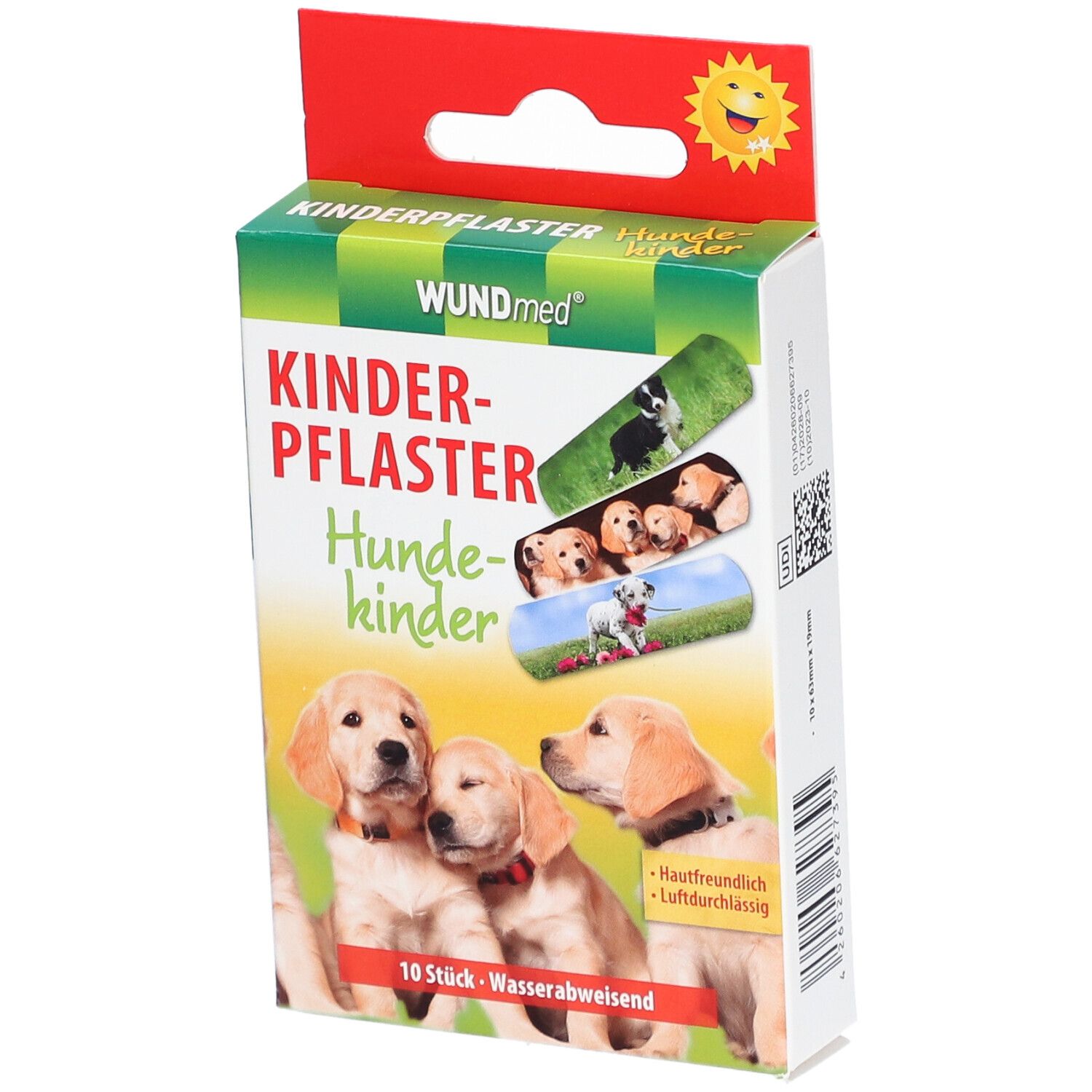 Verpackung von WUNDmed Kinderpflaster Hundekinder. Aufdruck: Hunde-Illustrationen, 10 Stück, wasserabweisend.