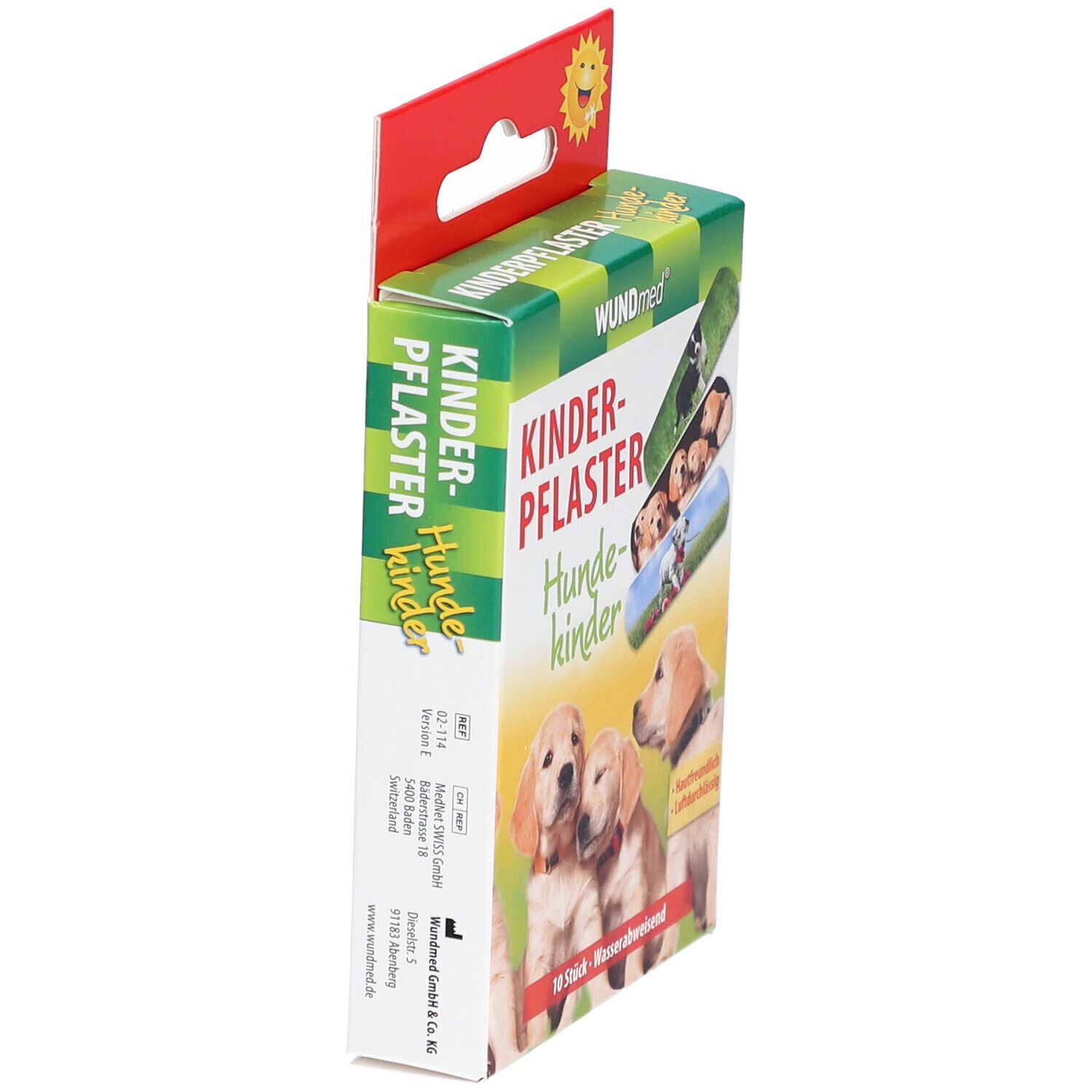 Winkelige Verpackung von WUNDmed Kinderpflaster Hundekinder. Aufdruck: Hunde-Illustrationen, Produktname.
