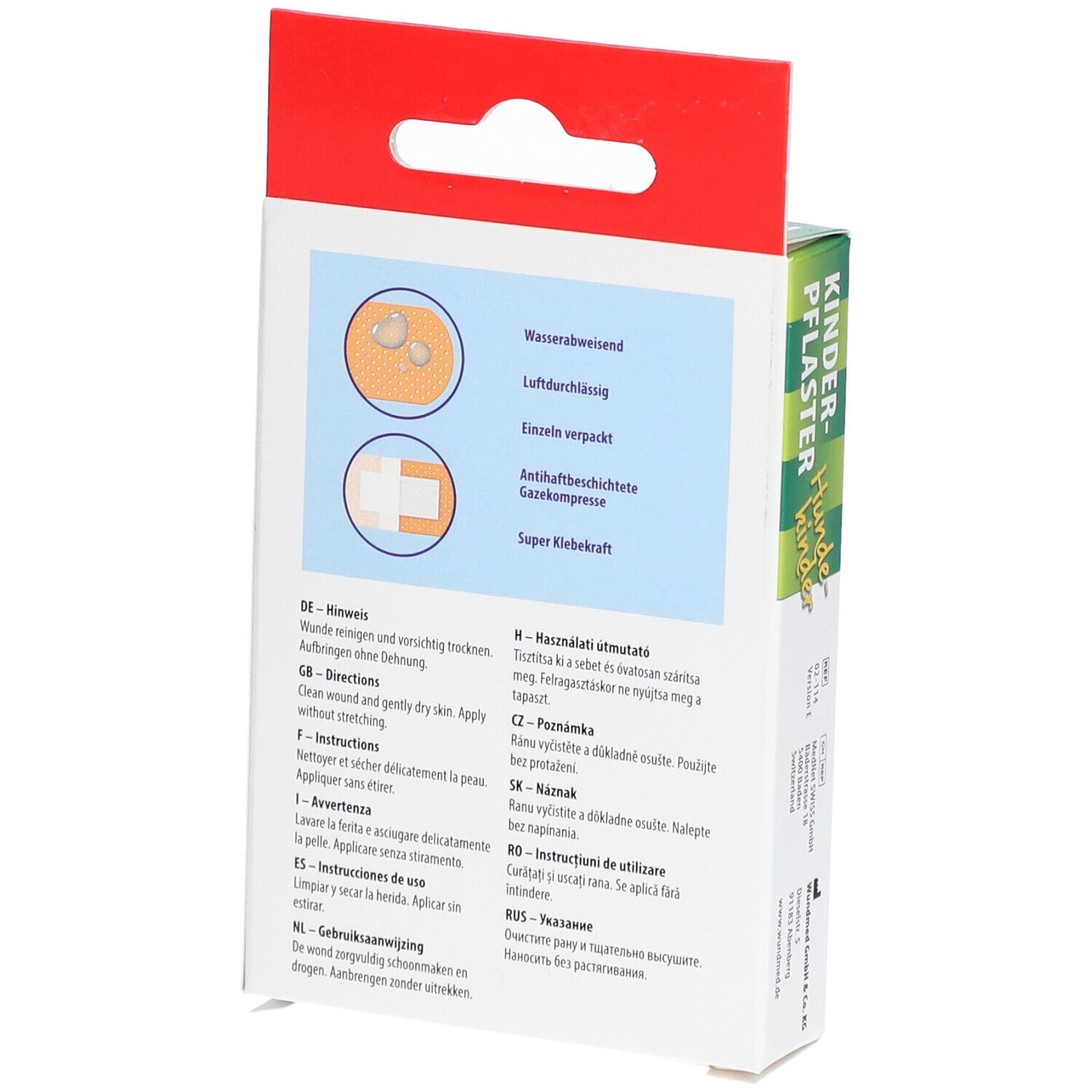 Rückseite der Verpackung von WUNDmed Kinderpflaster Hundekinder. Informationen zu Eigenschaften und Anwendung.