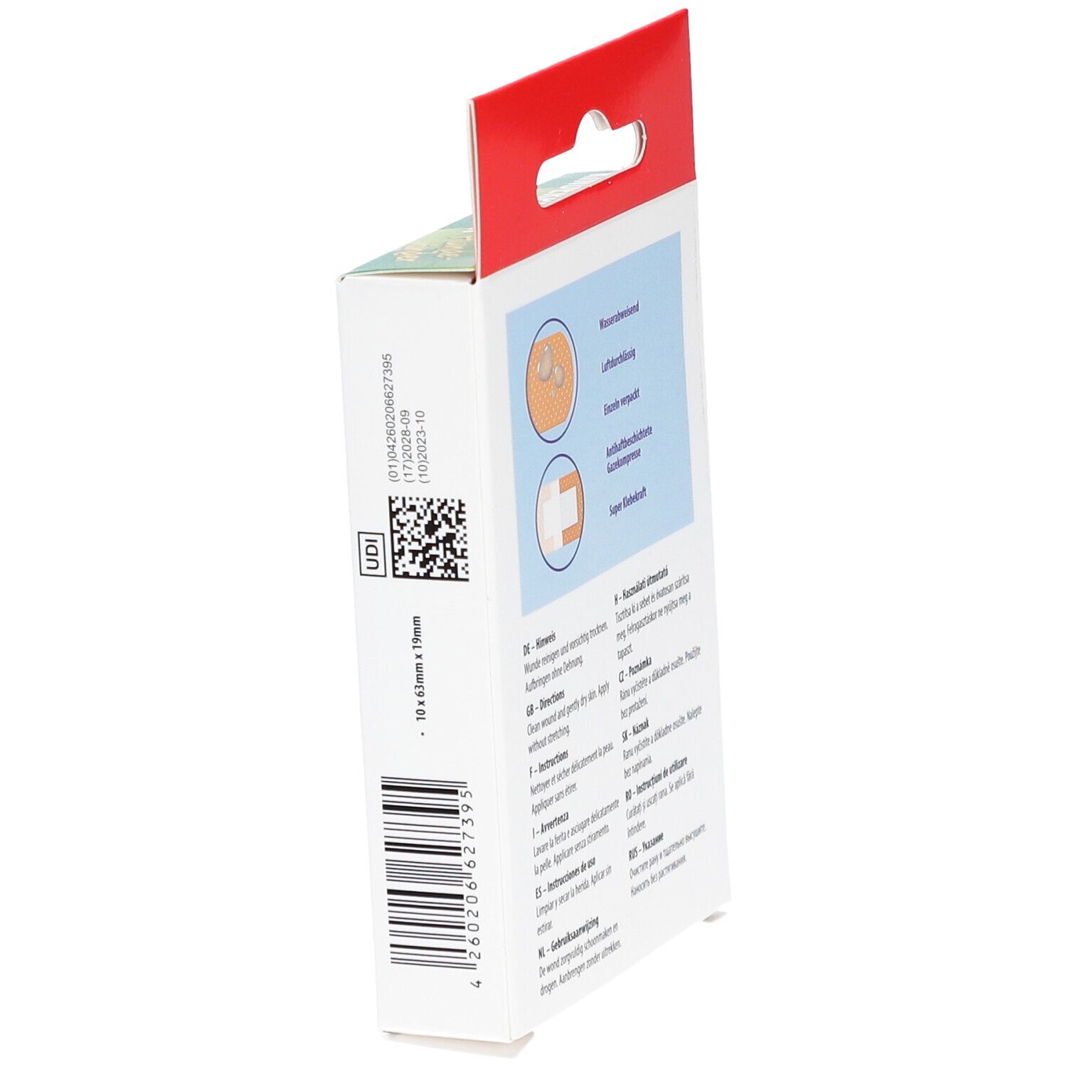 Seitenansicht der Verpackung von WUNDmed Kinderpflaster Hundekinder. Angaben zu Größe und Hersteller.