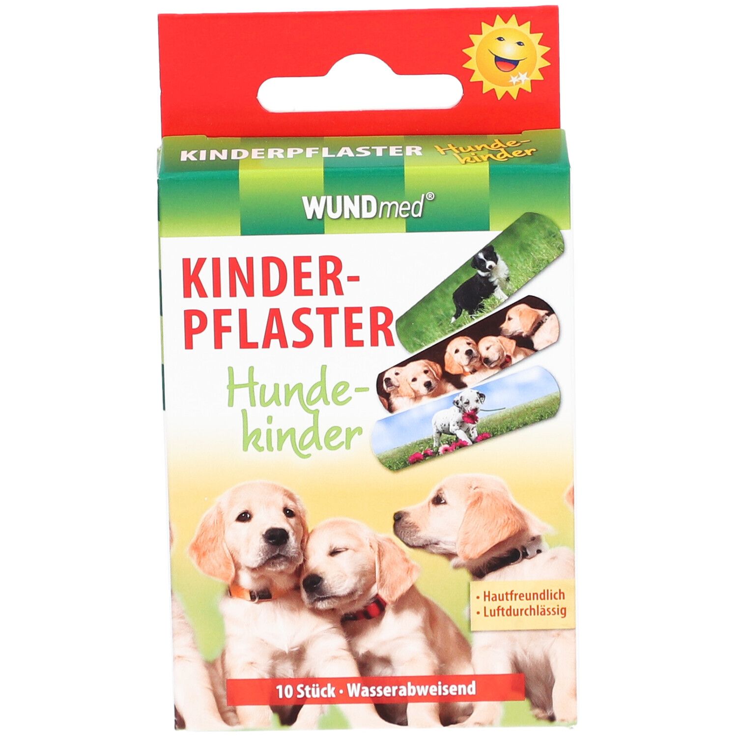 Verpackung von WUNDmed Kinderpflaster Hundekinder. Aufdruck: Hunde-Illustrationen, 10 Stück, wasserabweisend.