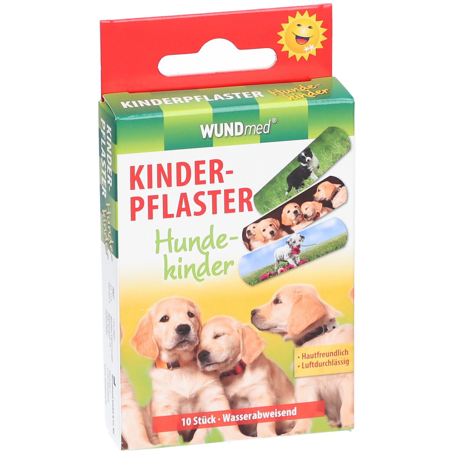 Verpackung von WUNDmed Kinderpflaster Hundekinder. Aufdruck: Hunde-Illustrationen, Produktname, 10 Stück.