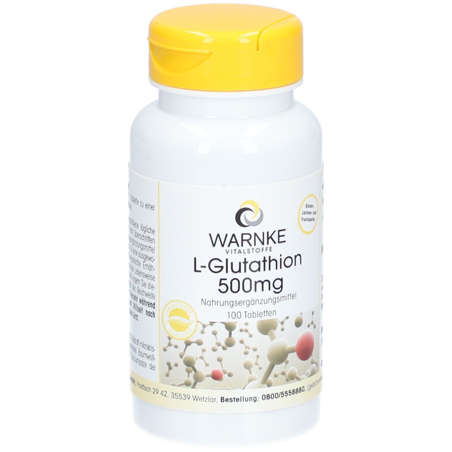 Weiße Flasche mit gelbem Deckel. Aufschrift: WARNKE L-Glutathion 500mg. Nahrungsergänzungsmittel. 100 Tabletten.