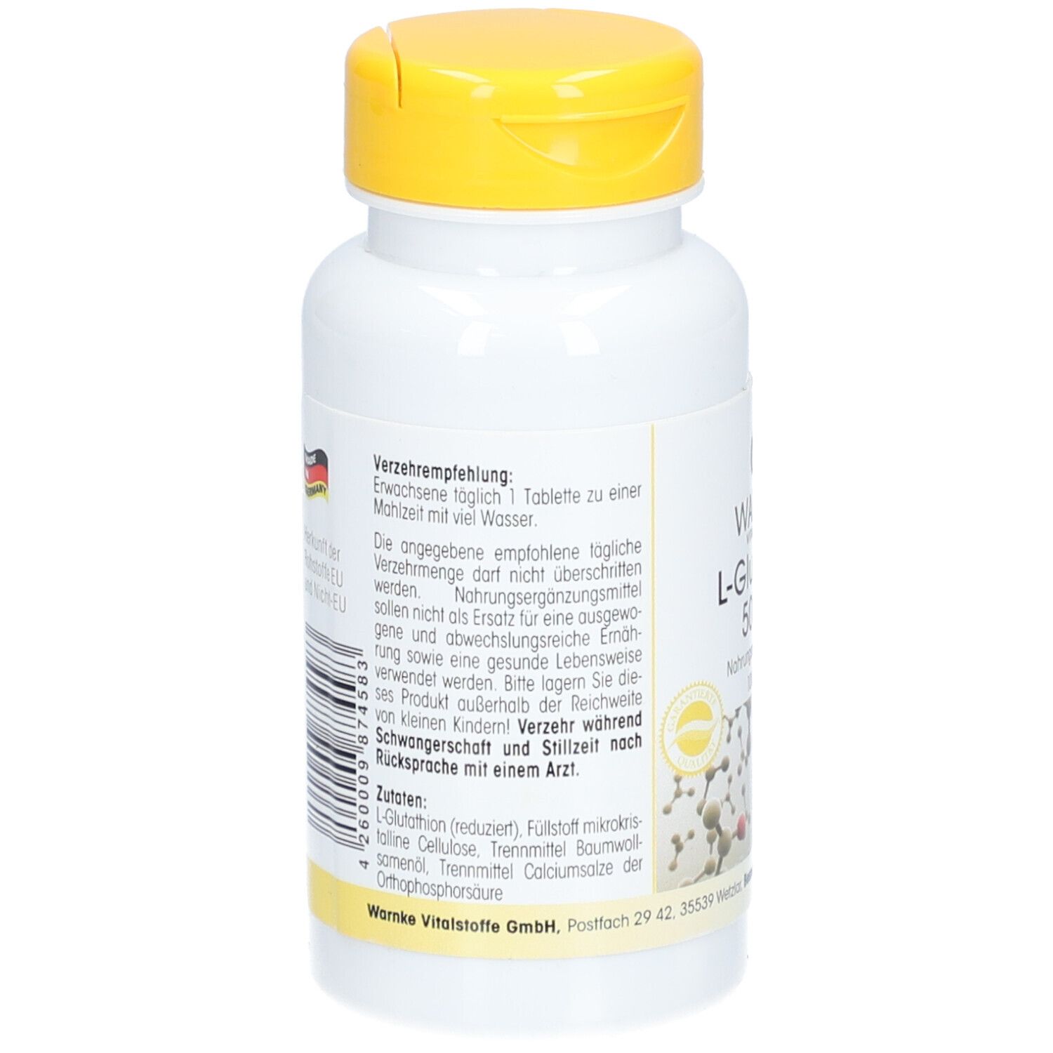 Rückseite der weißen Flasche mit gelbem Deckel. Text: Verzehrempfehlung, Zutaten, Warnke Vitalstoffe. Made in Germany.
