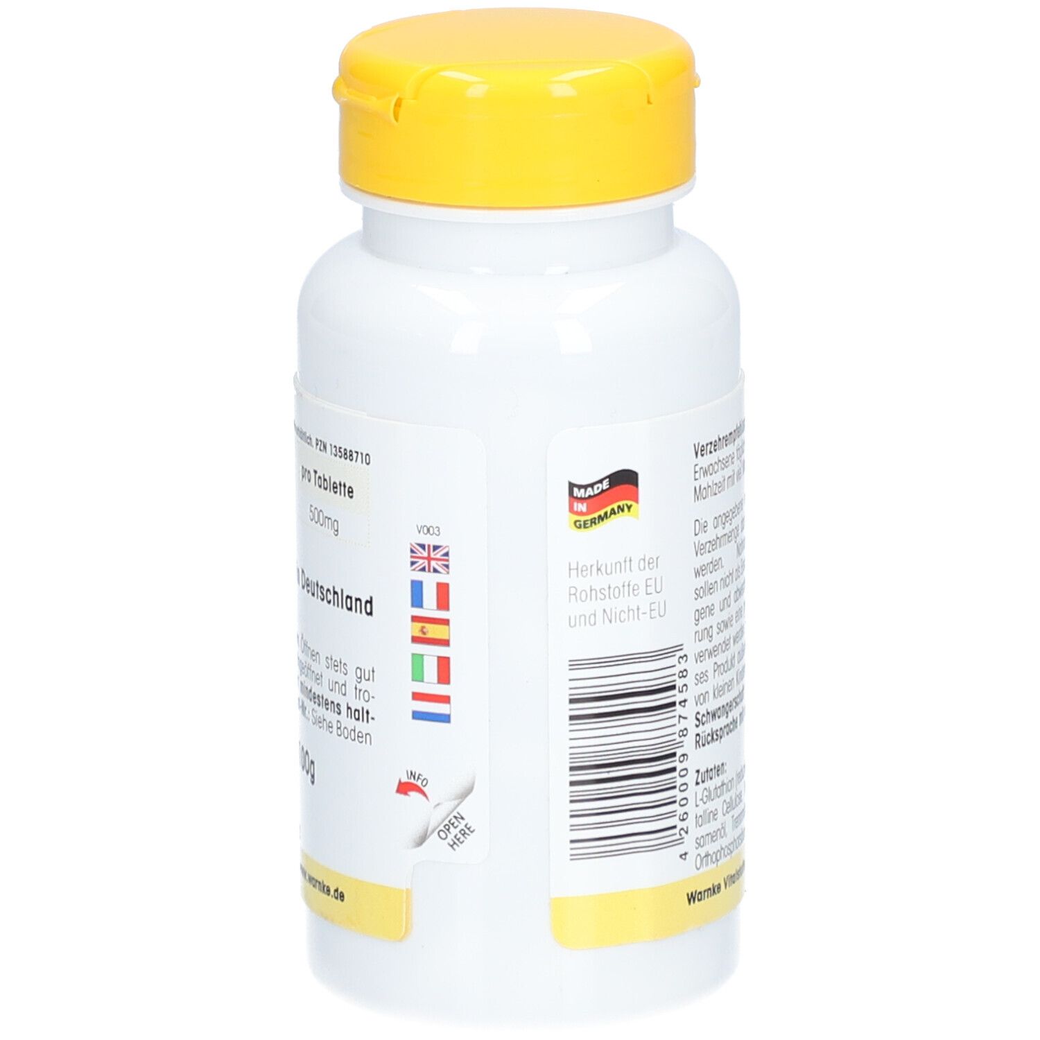 Rückseite der weißen Flasche mit gelbem Deckel. Text: Hergestellt in Deutschland. Flaggen von EU-Ländern. Made in Germany.