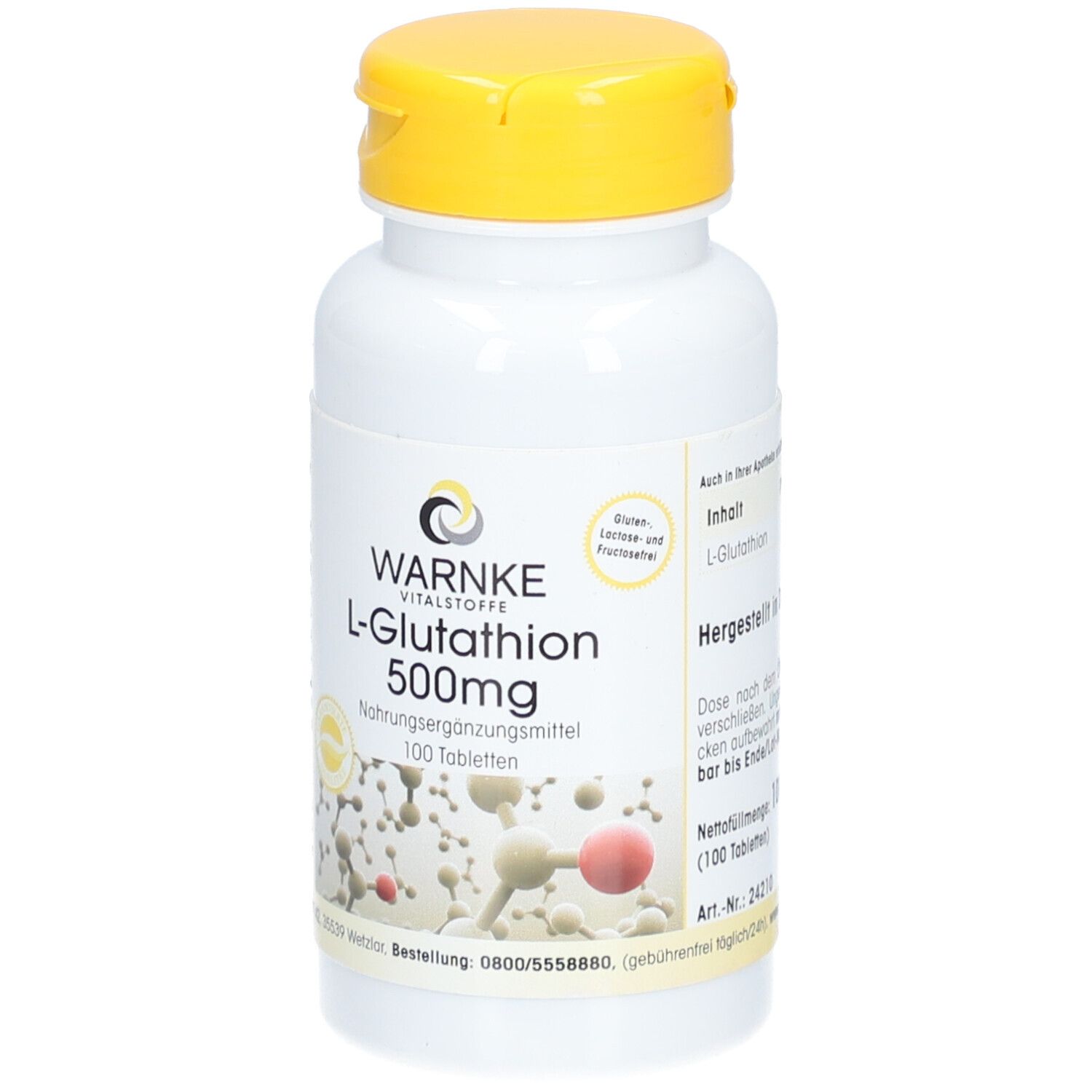 Weiße Flasche mit gelbem Deckel. Aufschrift: WARNKE L-Glutathion 500mg. Nahrungsergänzungsmittel. 100 Tabletten.