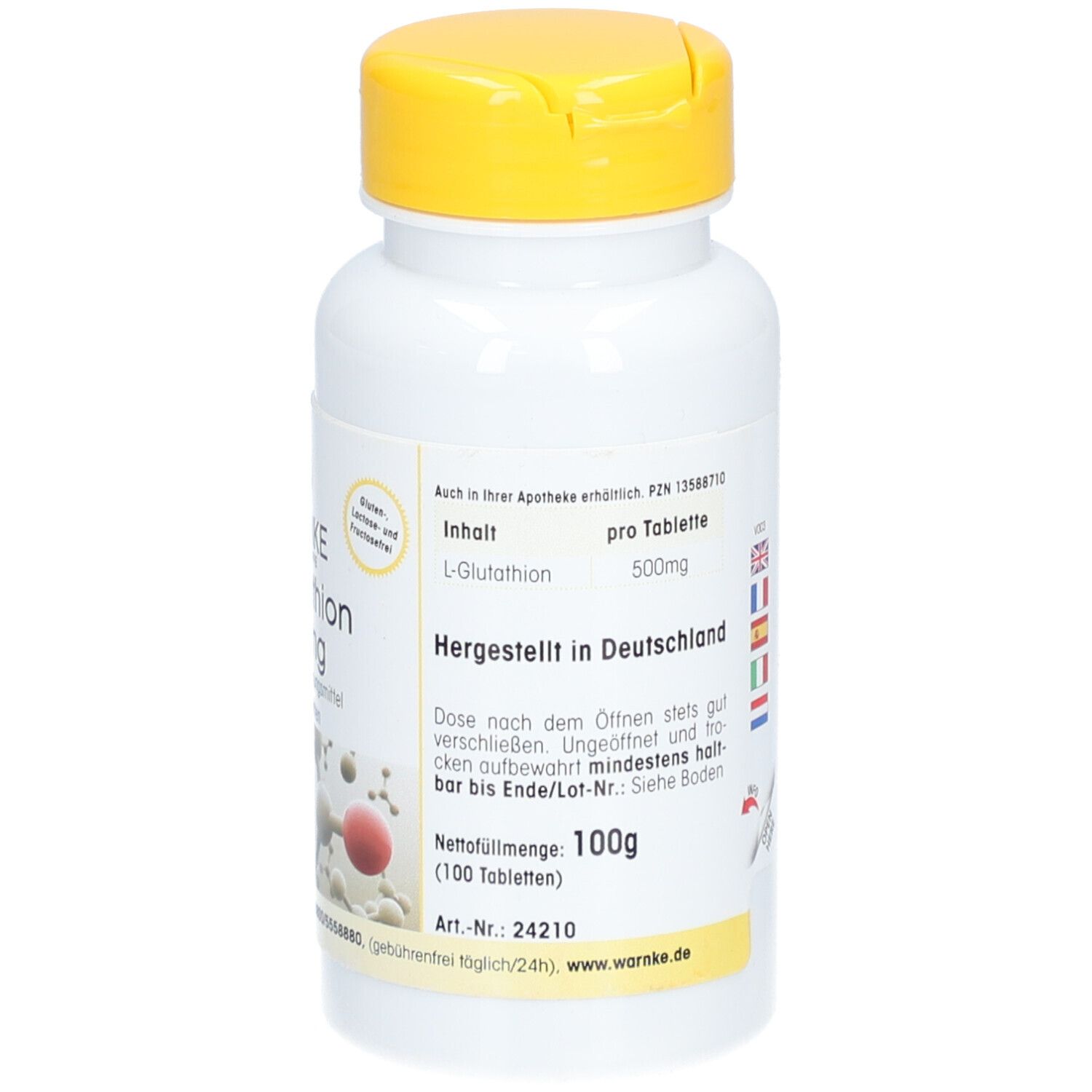 Weiße Flasche mit gelbem Deckel. Aufschrift: WARNKE L-Glutathion 500mg. 100 Tabletten. Hergestellt in Deutschland.