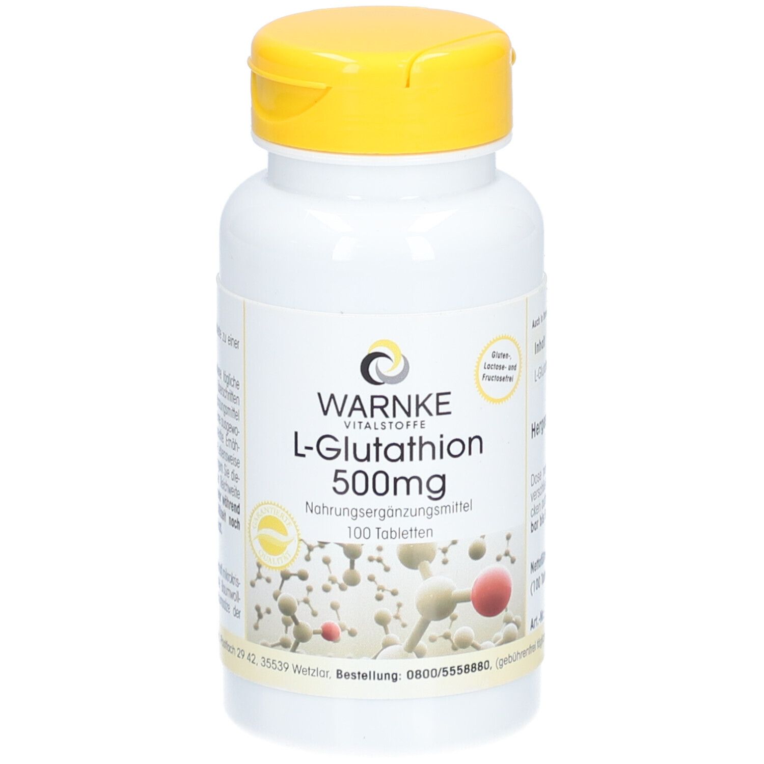 Weiße Flasche mit gelbem Deckel. Aufschrift: WARNKE L-Glutathion 500mg. Nahrungsergänzungsmittel. 100 Tabletten.