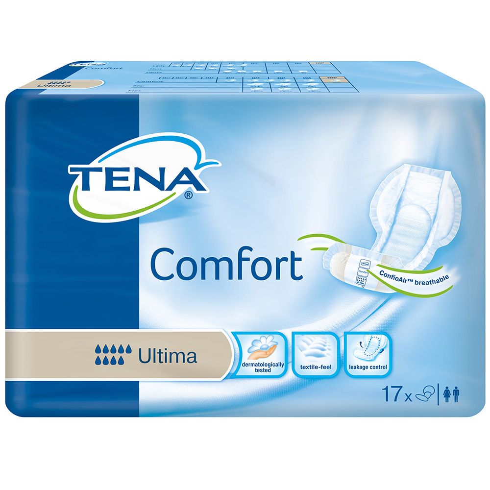 Verpackung von TENA Comfort Ultima. Blaue Verpackung mit Produktabbildung und Produktbezeichnung. 17 Stück.