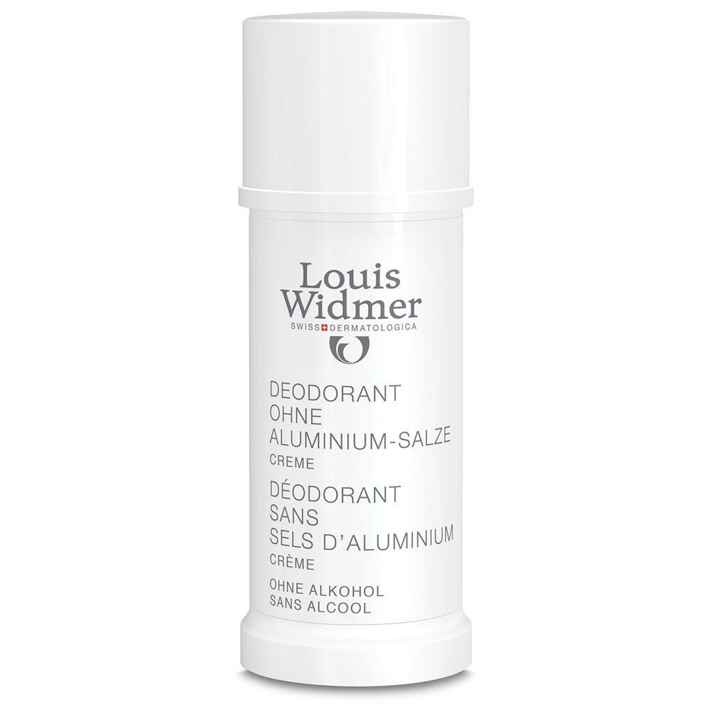 Weißer Deodorant-Roller von Louis Widmer. Text: Ohne Aluminium-Salze, Creme. Deckel auf dem zylindrischen Behälter.