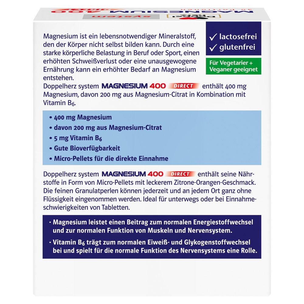 Rückseite der Schachtel. Text über Magnesium, Inhaltsstoffe, V-Label Vegan. Klimaneutral-Logo.