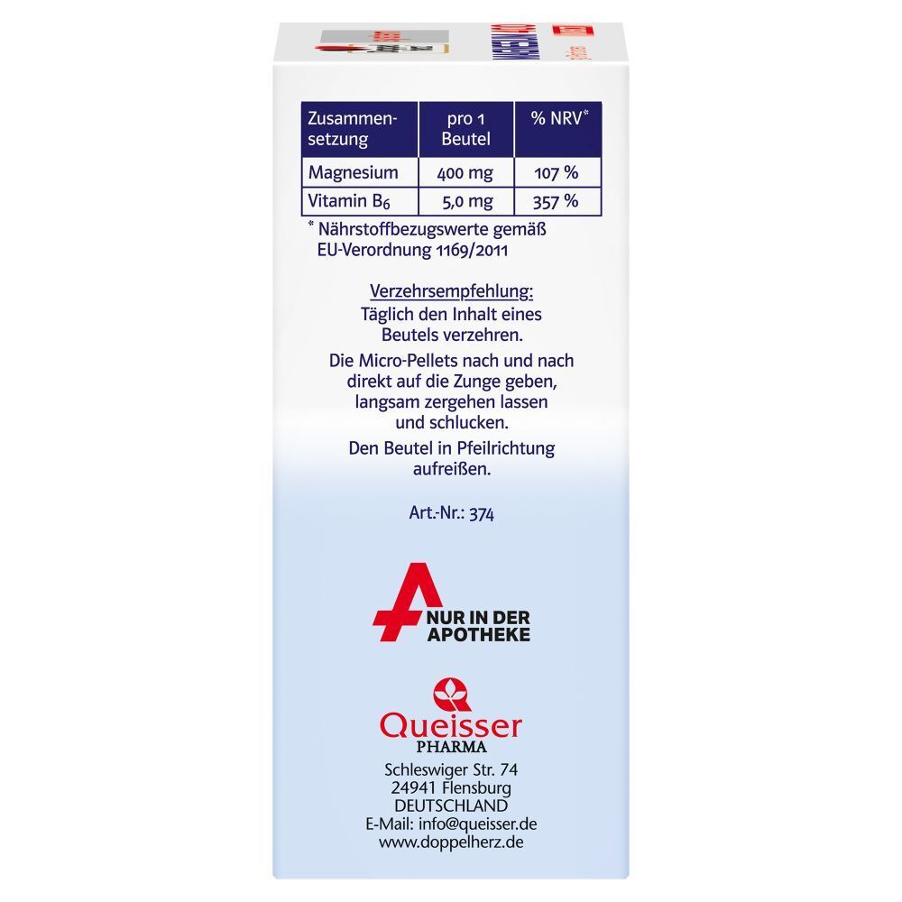 Seite der Schachtel mit Nährwertangaben: Magnesium, Vitamin B6. Dosierungsempfehlung. Apothekenlogo.