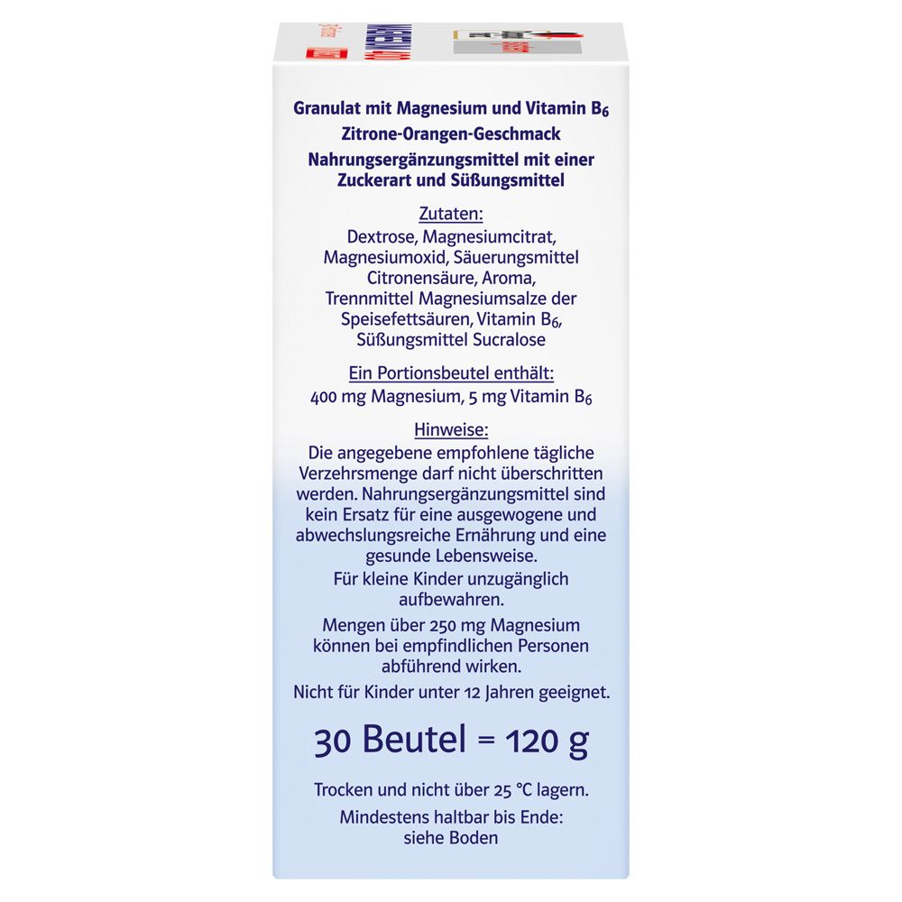 Seite der Schachtel mit Inhaltsstoffen: Dextrose, Magnesiumcitrat, etc. 30 Beutel = 120 g. Nicht für Kinder unter 12 Jahren.