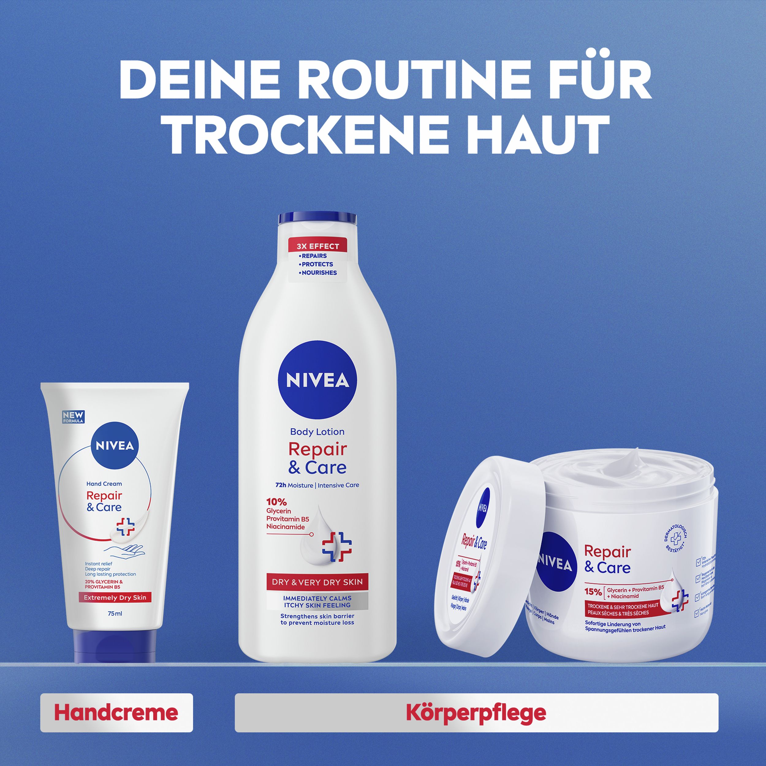 Sortiment von NIVEA Repair & Care Produkten: Handcreme, Body Lotion und Körperpflege. Für trockene Haut.