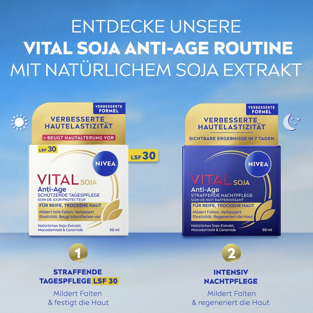 NIVEA VITAL Soja Anti-Age Routine: Tagespflege LSF 30 und Nachtpflege. Mit natürlichem Soja-Extrakt.