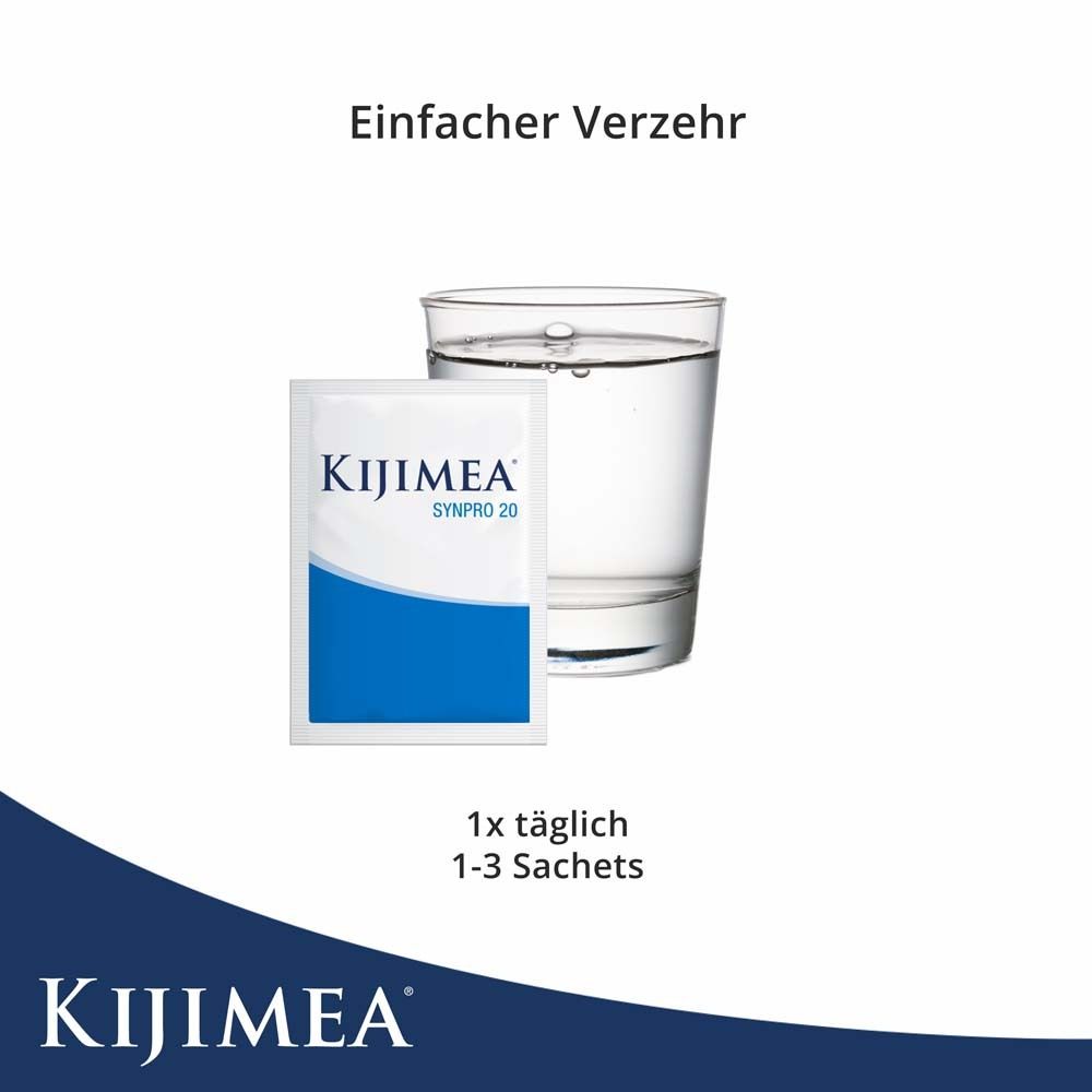 Glas Wasser und Sachet. Sachet mit KIJIMEA SYNPRO 20. Text: Einfacher Verzehr. 1x täglich 1-3 Sachets. KIJIMEA Logo.