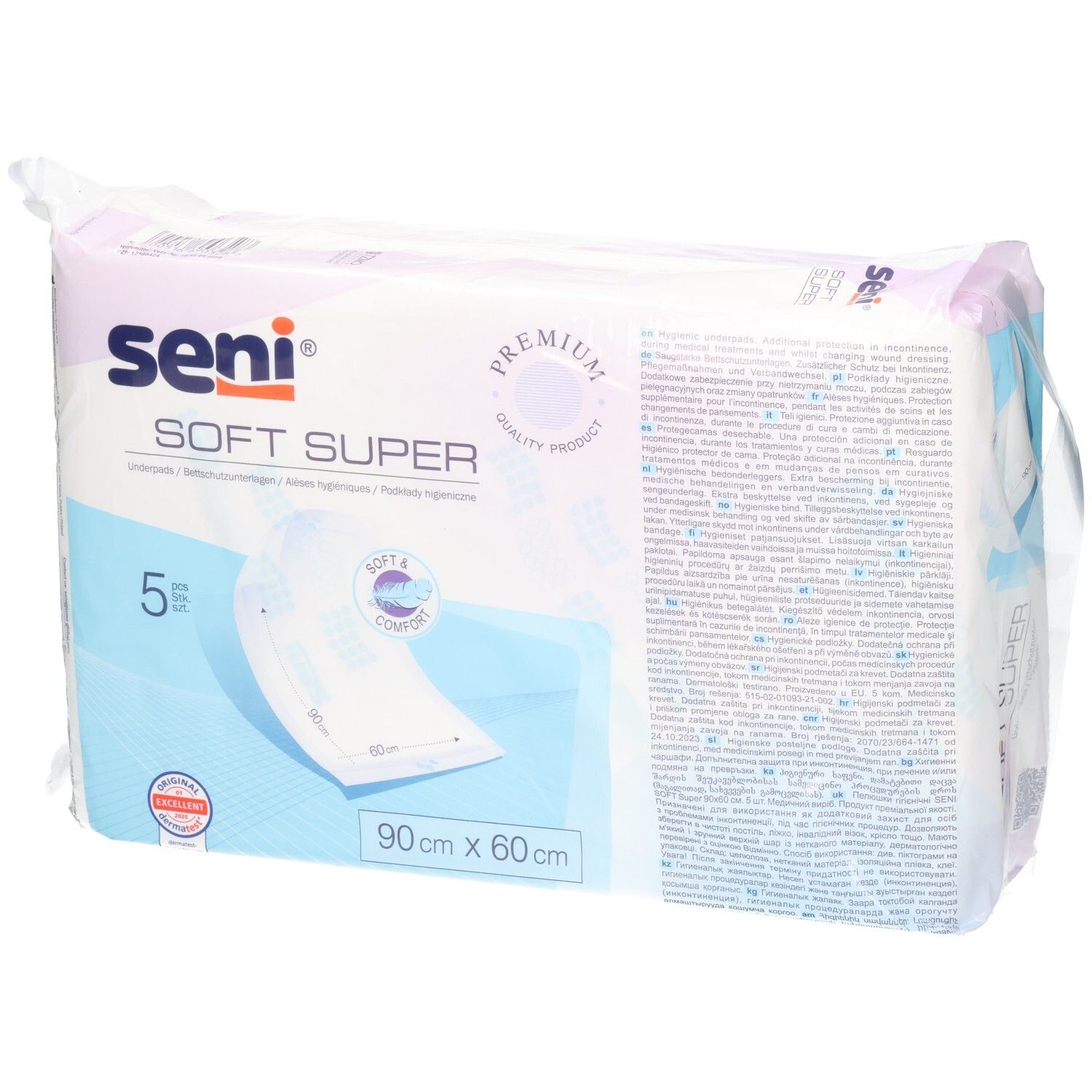 Seni Soft Super Krankenunterlagen, 90x60 cm, 5 Stück, Vorderseite mit Text.