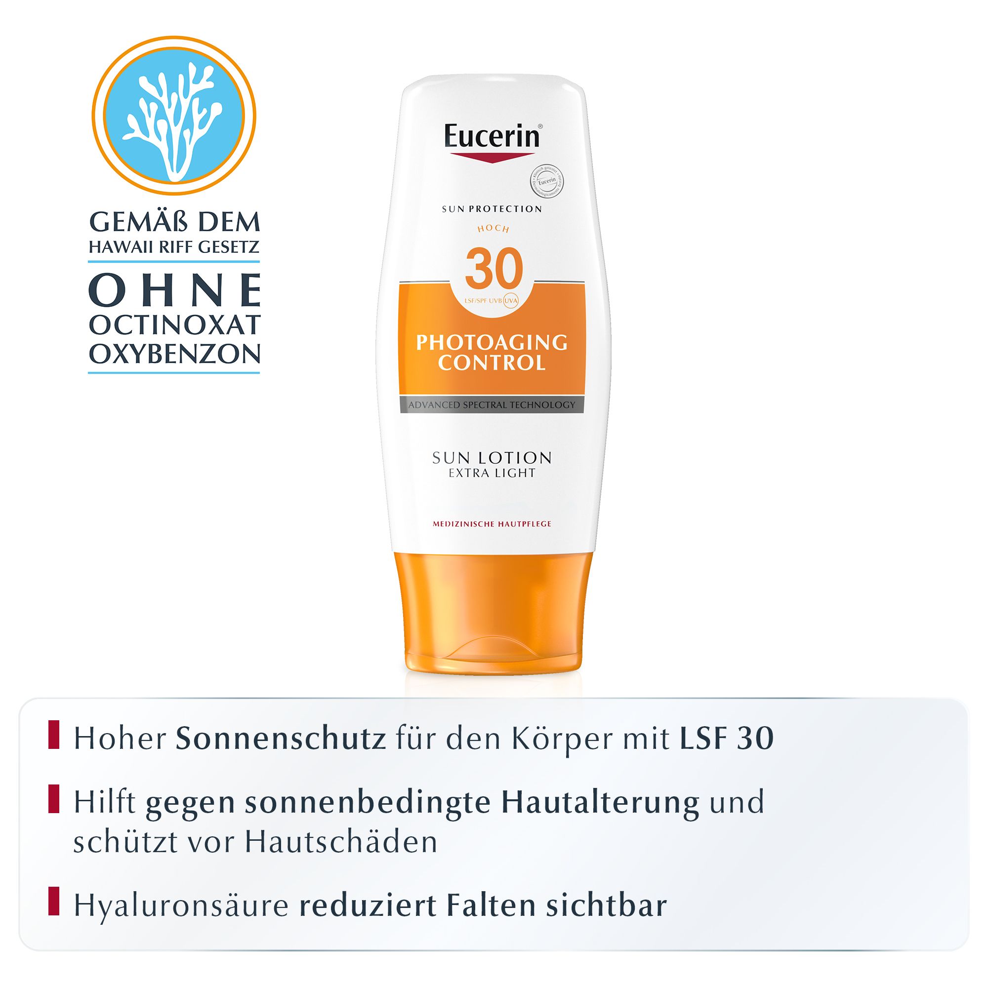 Eucerin Sun Lotion, LSF 30. Schützt vor Photoaging. Weiße Tube mit orangefarbenem Verschluss. Text: Photoaging Control, Sun Lotion Extra Light.
