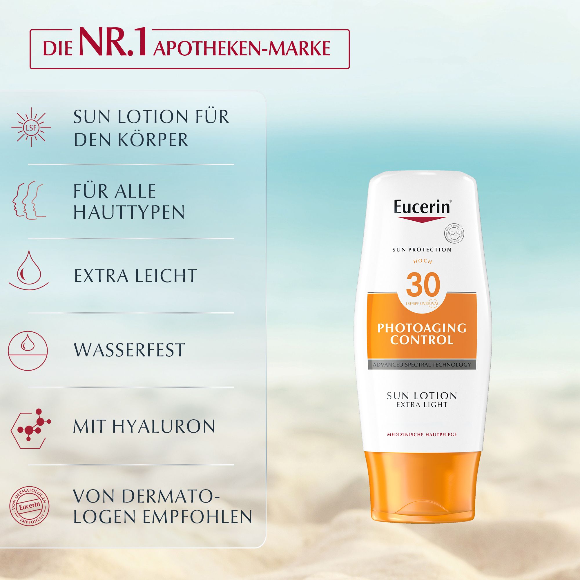 Eucerin Sun Lotion, LSF 30. Weiße Tube mit orangefarbenem Verschluss. Text: Photoaging Control, Sun Lotion Extra Light. Aufschrift: Nr. 1 Apotheken-Marke.