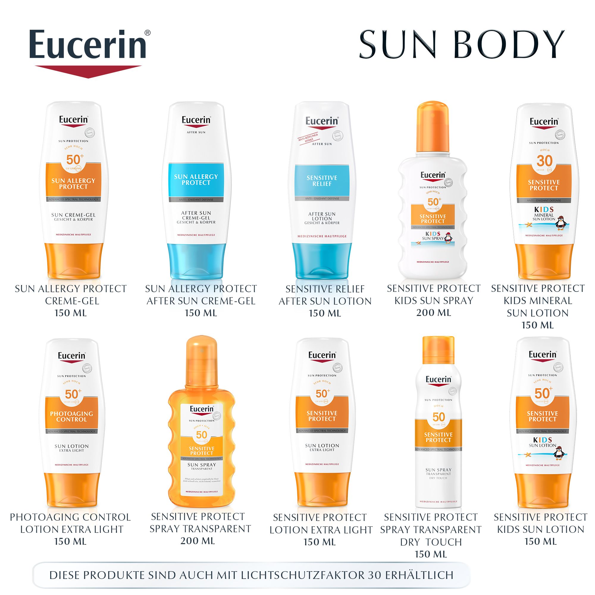 Verschiedene Eucerin Sonnenschutzprodukte. Flaschen und Tuben mit unterschiedlichen Texten und Lichtschutzfaktoren. Produkte für Gesicht und Körper.