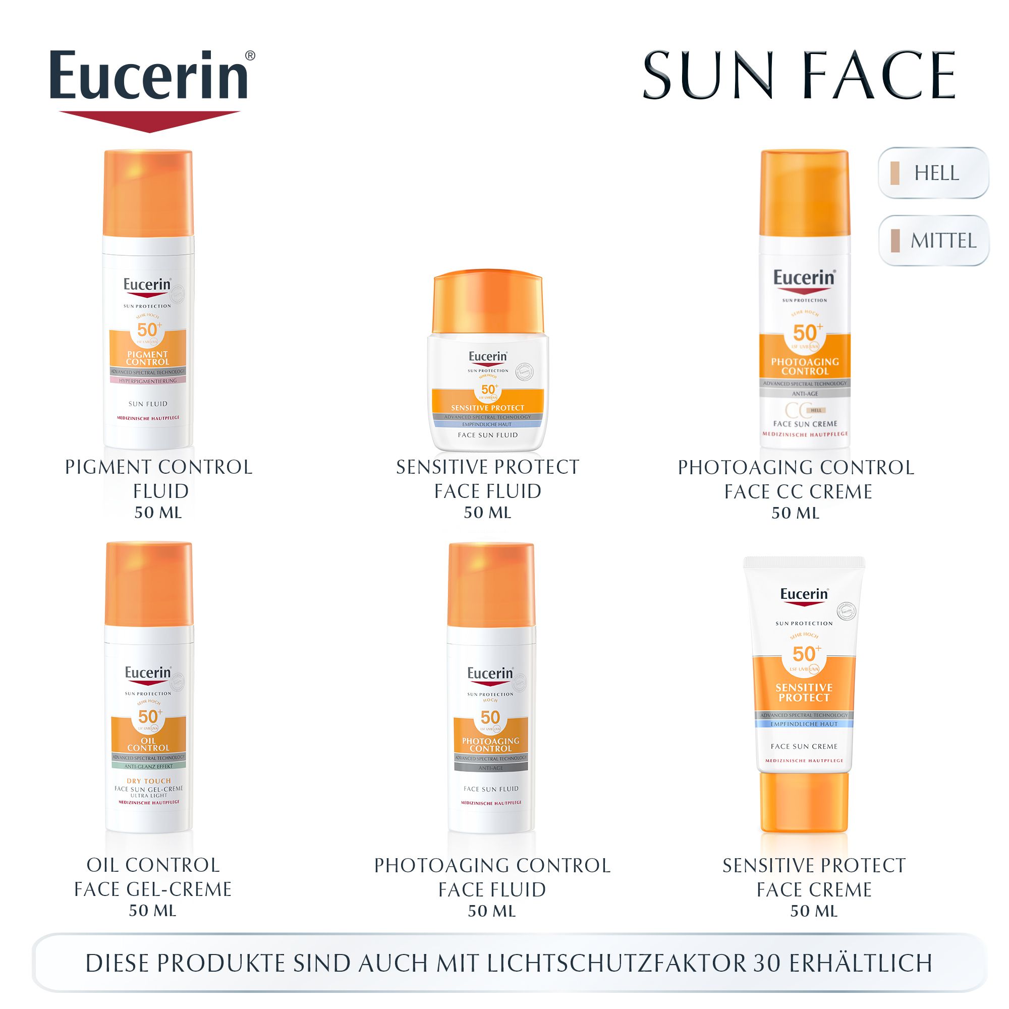 Verschiedene Eucerin Sonnenschutzprodukte für das Gesicht. Flaschen und Tuben mit unterschiedlichen Texten und Lichtschutzfaktoren.