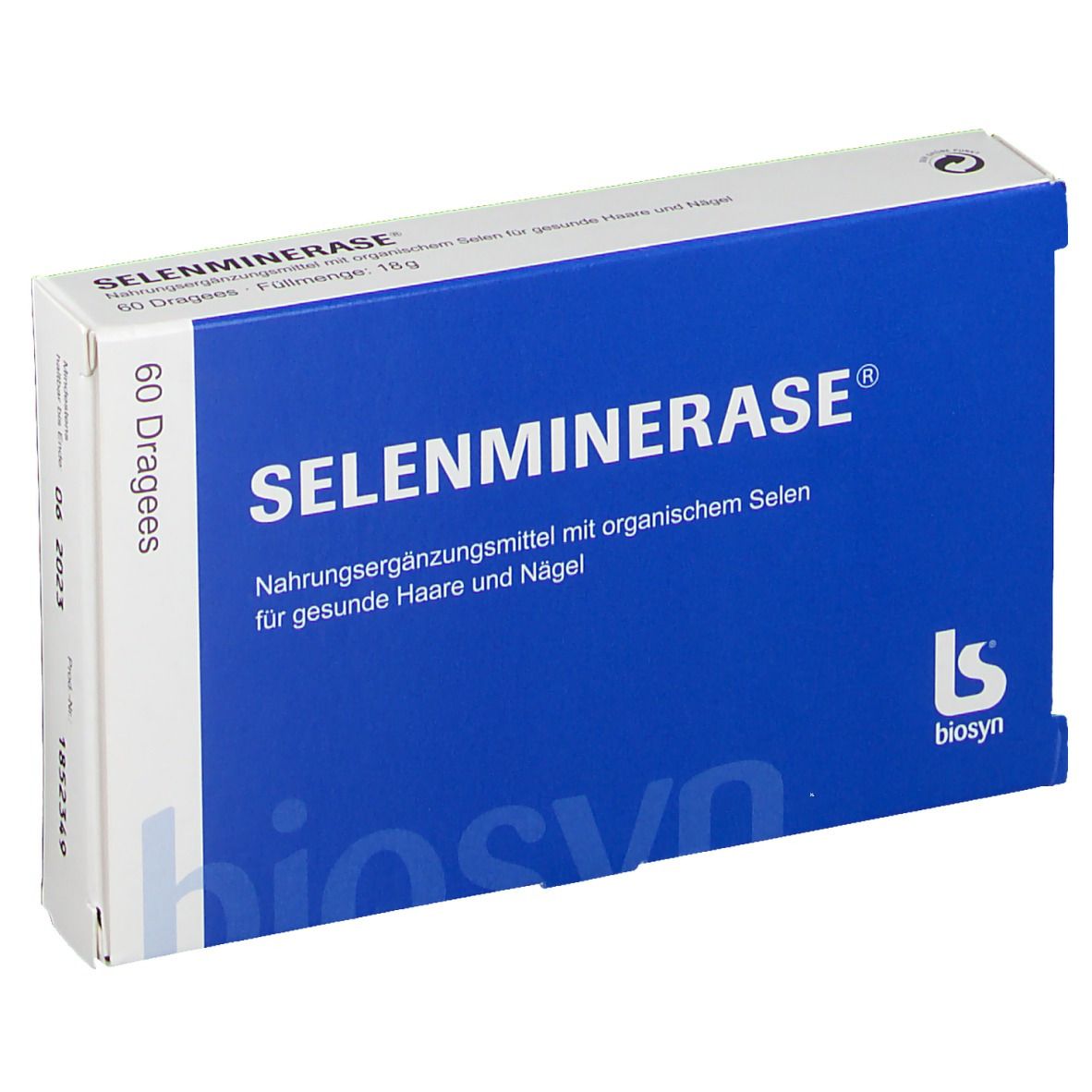Blau-weiße Schachtel mit "SELENMINERASE®"-Schriftzug. Enthält 60 Dragees. Biosyn-Logo.