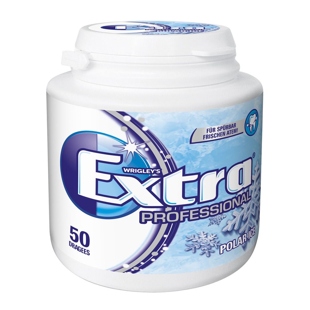 Weiße Dose mit blauem Etikett. Aufschrift: Extra Professional Polar-Frisch. 50 Dragees. Logo: Extra, Zahn-Symbol.