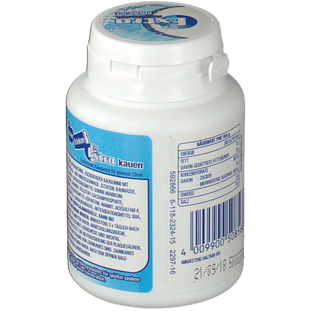 Weiße Dose, Rückseite mit blauem Etikett. Aufschrift: Extra Professional. Nährwertangaben, Barcode, Mindesthaltbarkeitsdatum.