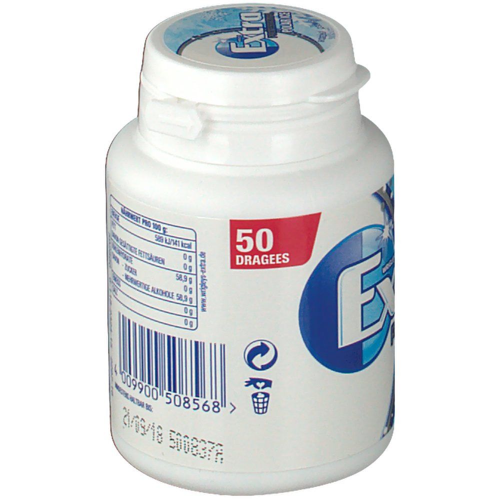 Weiße Dose, Rückseite mit blauem Etikett. Aufschrift: Extra Professional. 50 Dragees. Barcode, Mindesthaltbarkeitsdatum.