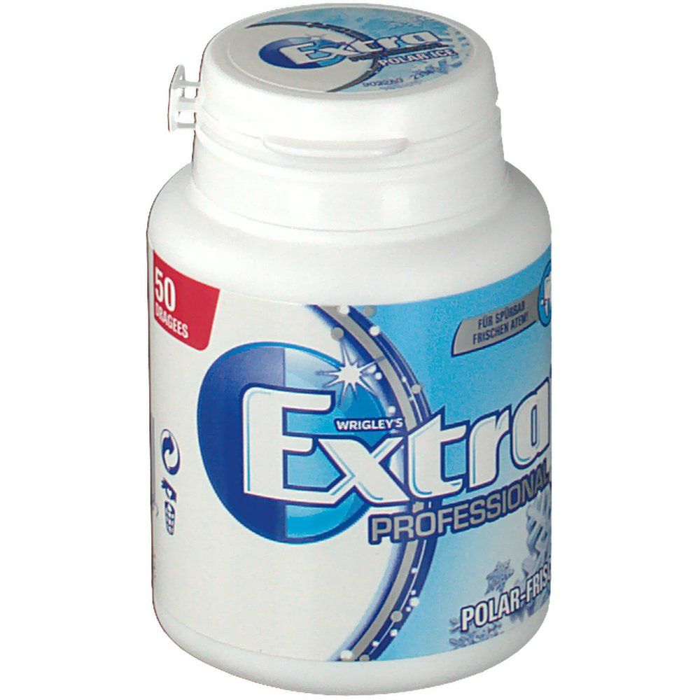 Weiße Dose mit blauem Etikett. Aufschrift: Extra Professional Polar-Frisch. 50 Dragees. Logo: Extra, Zahn-Symbol.