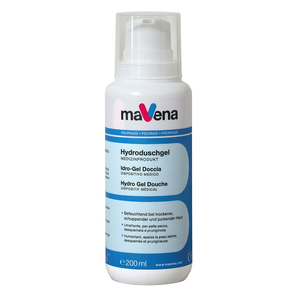Weiße Flasche mit maVena-Logo und Hydroduschgel-Aufschrift. Medizinprodukt. Mit Dosierpumpe.