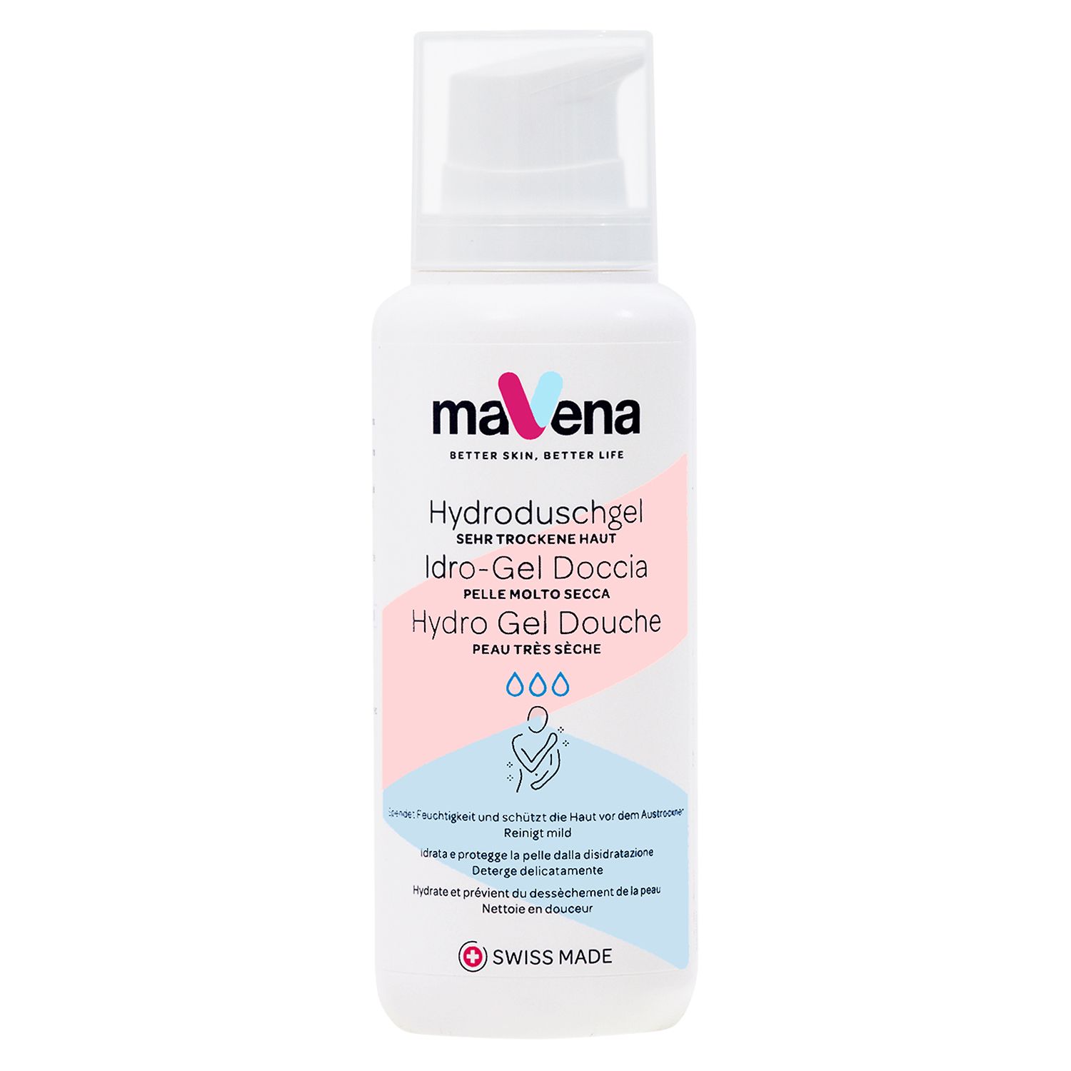 Weiße Flasche maVena Hydroduschgel. Rosa und hellblaue Elemente. Swiss Made. Mit Dosierpumpe.