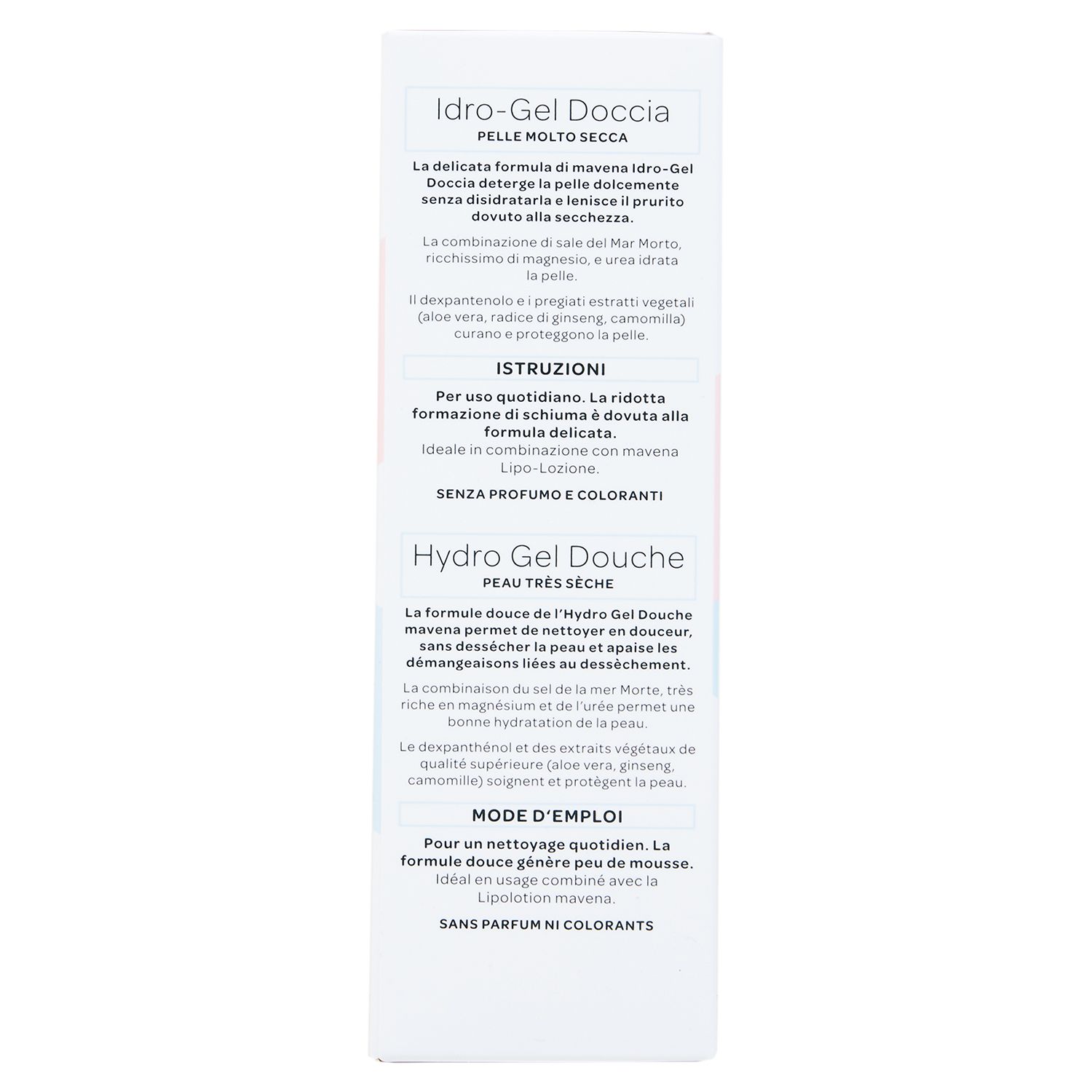 Rückseite der maVena Hydroduschgel-Verpackung. Text in Deutsch, Italienisch und Französisch. Ohne Parfüm und Farbstoffe.