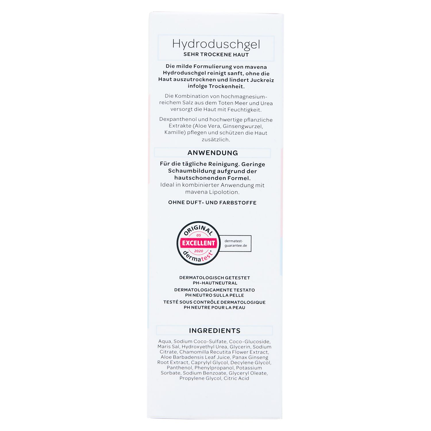 Rückseite der maVena Hydroduschgel-Verpackung. Text in Deutsch. Dermatologisch getestet. Ohne Duft- und Farbstoffe.