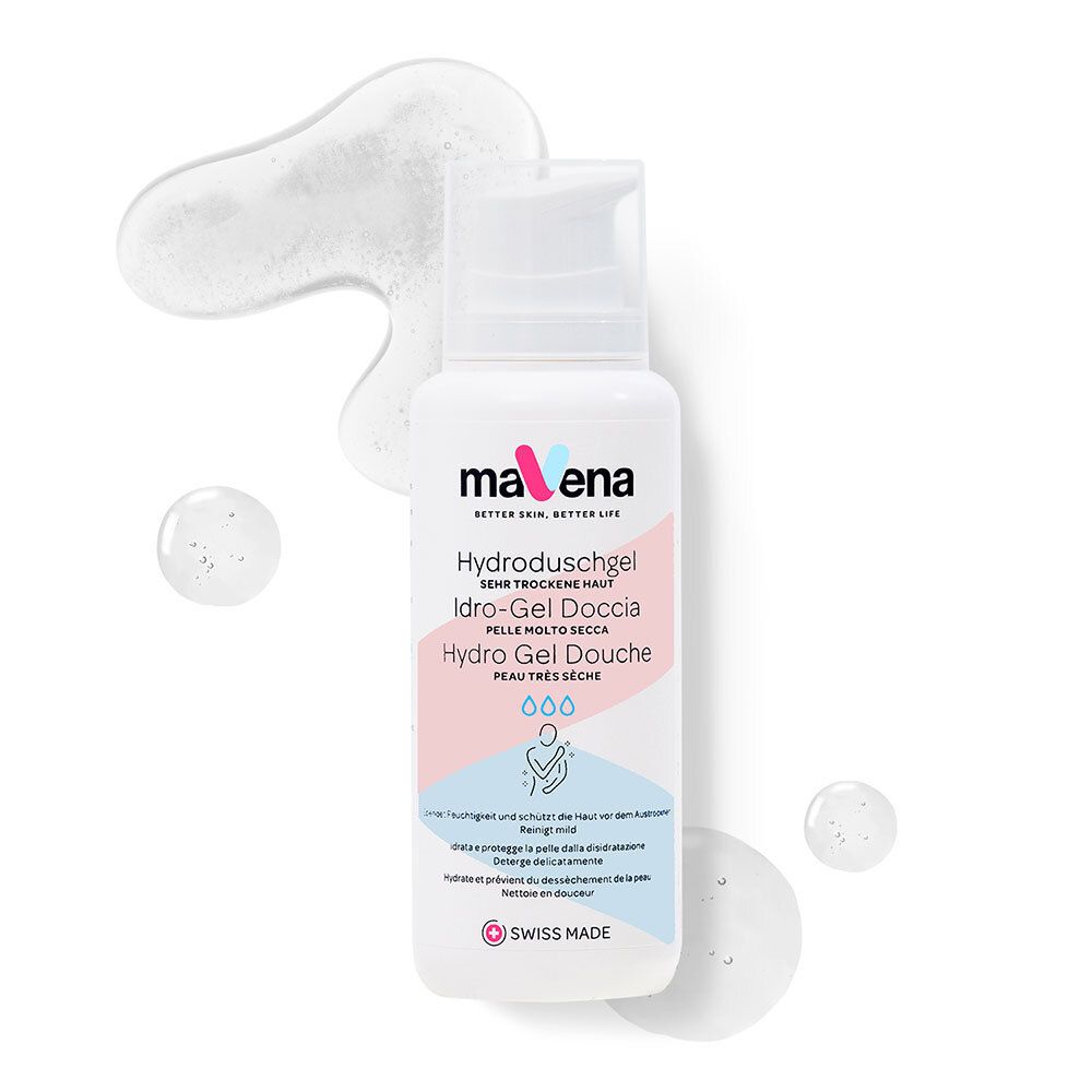 Weiße Flasche maVena Hydroduschgel mit Produkt auf weißem Hintergrund. Tropfen und Schaum.