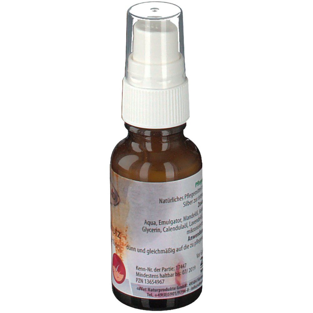 Braune Flasche mit Sprühkopf. Aufschrift: SILVER AID Hautschutz. Rückseite mit Inhaltsstoffen und Informationen.