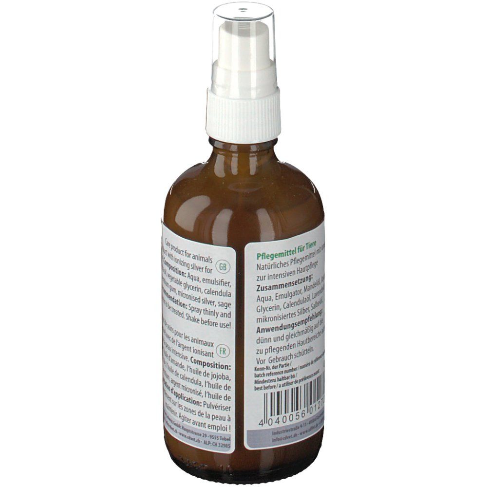 Rückansicht der braunen Glasflasche mit Sprühkopf. Etikett mit Inhaltsstoffen und Anwendungshinweisen in Deutsch und Französisch.