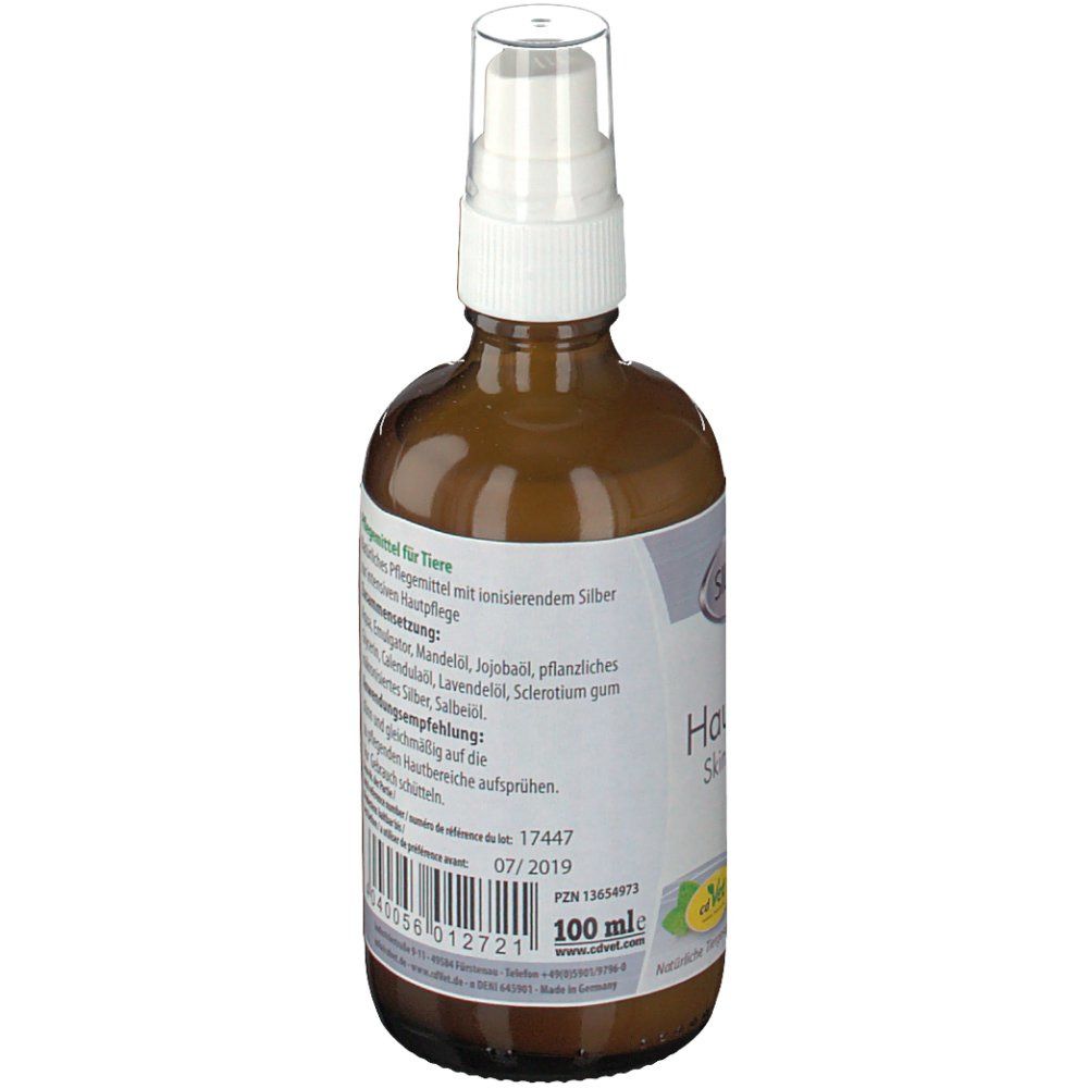 Braune Glasflasche mit Sprühkopf. Etikett mit Inhaltsstoffen, Anwendungshinweisen und Haltbarkeitsdatum "07/2019".