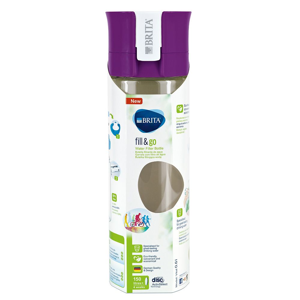 BRITA fill&go Wasserfilter-Flasche in Verpackung. Lila Deckel, transparente Flasche. Produktinformationen und Logos.