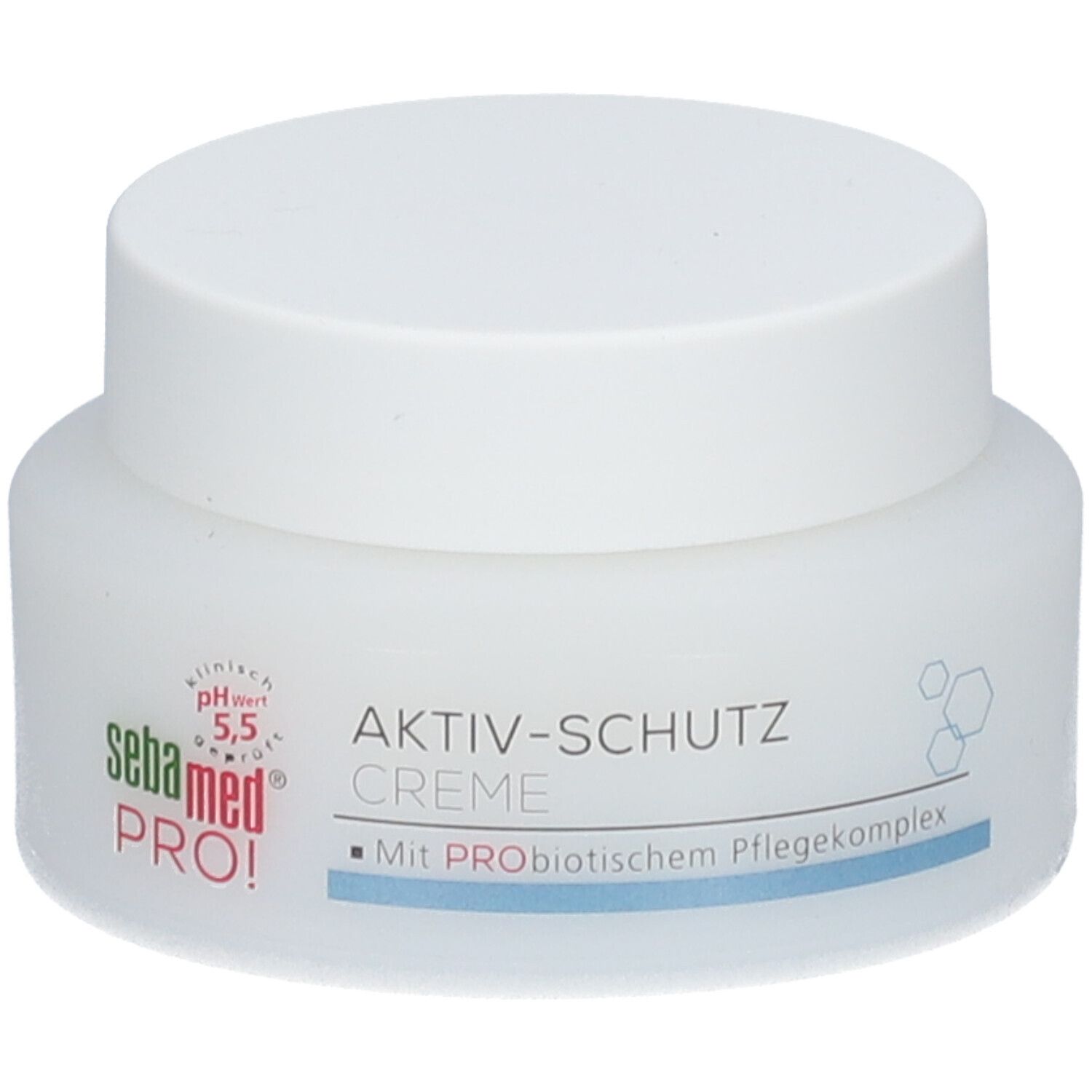 Weißes Creme-Glas mit Deckel. Aufschrift: sebamed PRO! Aktiv-Schutz Creme. pH-Wert 5,5. Mit probiotischem Pflegekomplex.
