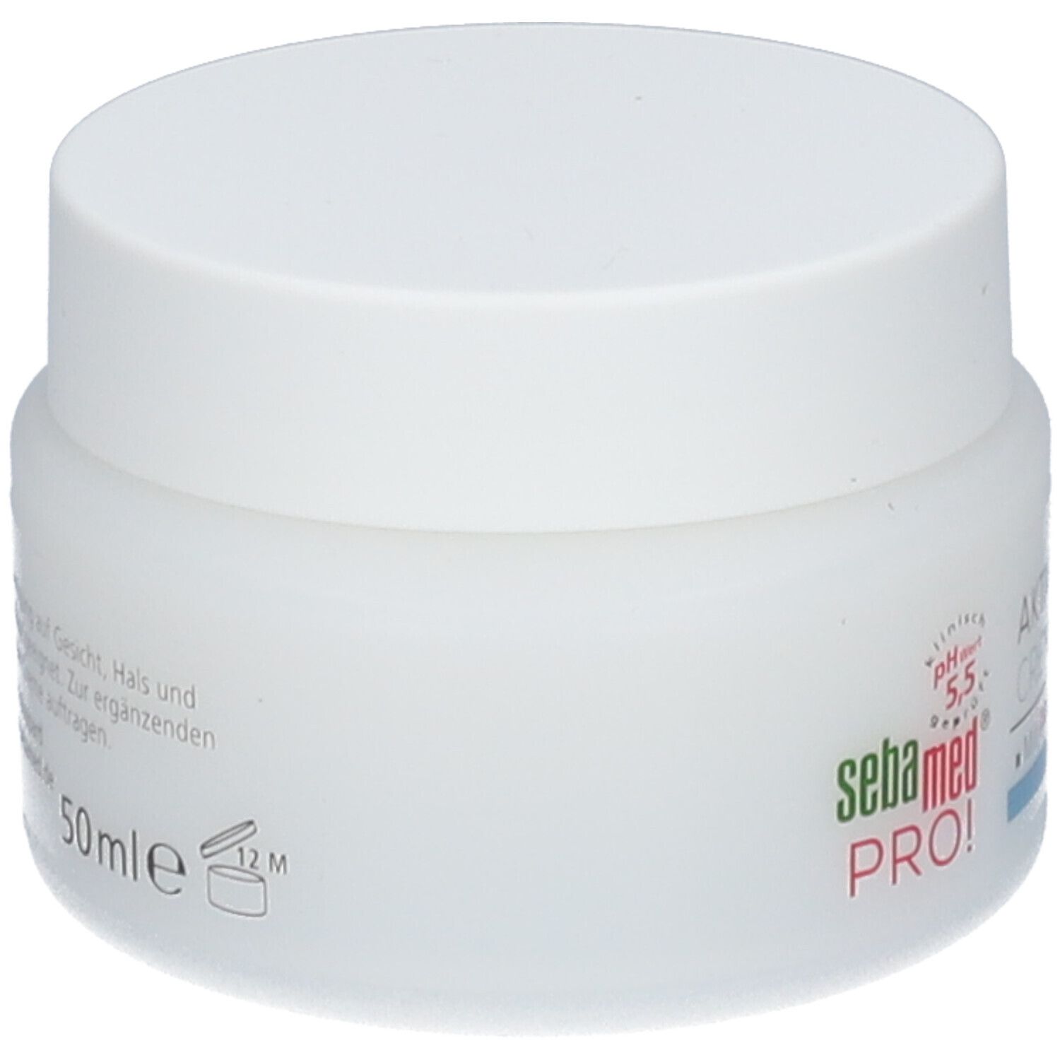 Weißes Creme-Glas mit Deckel. Aufschrift: sebamed PRO! pH 5,5. 50ml. 12M. Text auf der Seite.
