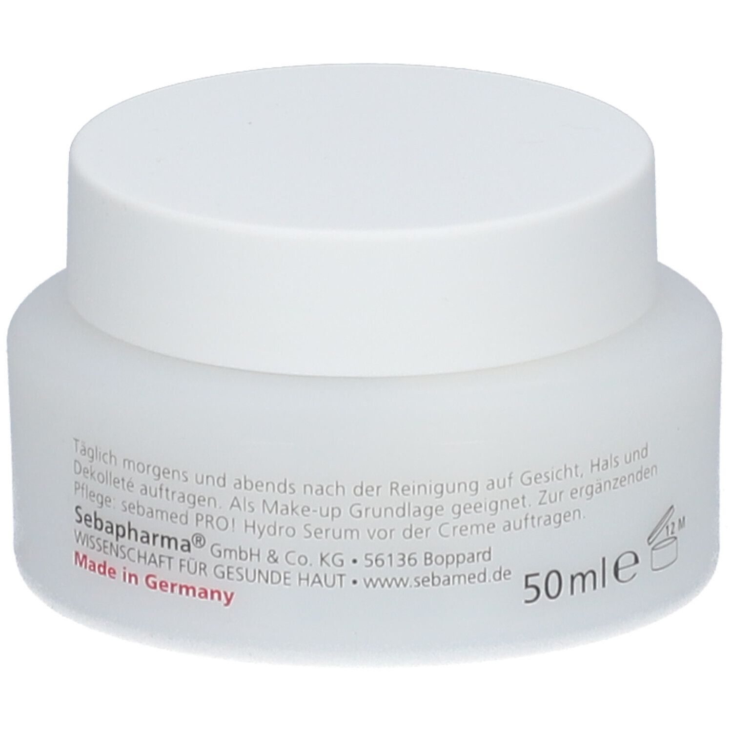Weißes Creme-Glas mit Deckel. Aufschrift: sebamed PRO! 50ml. 12M. Text auf der Seite: Made in Germany.