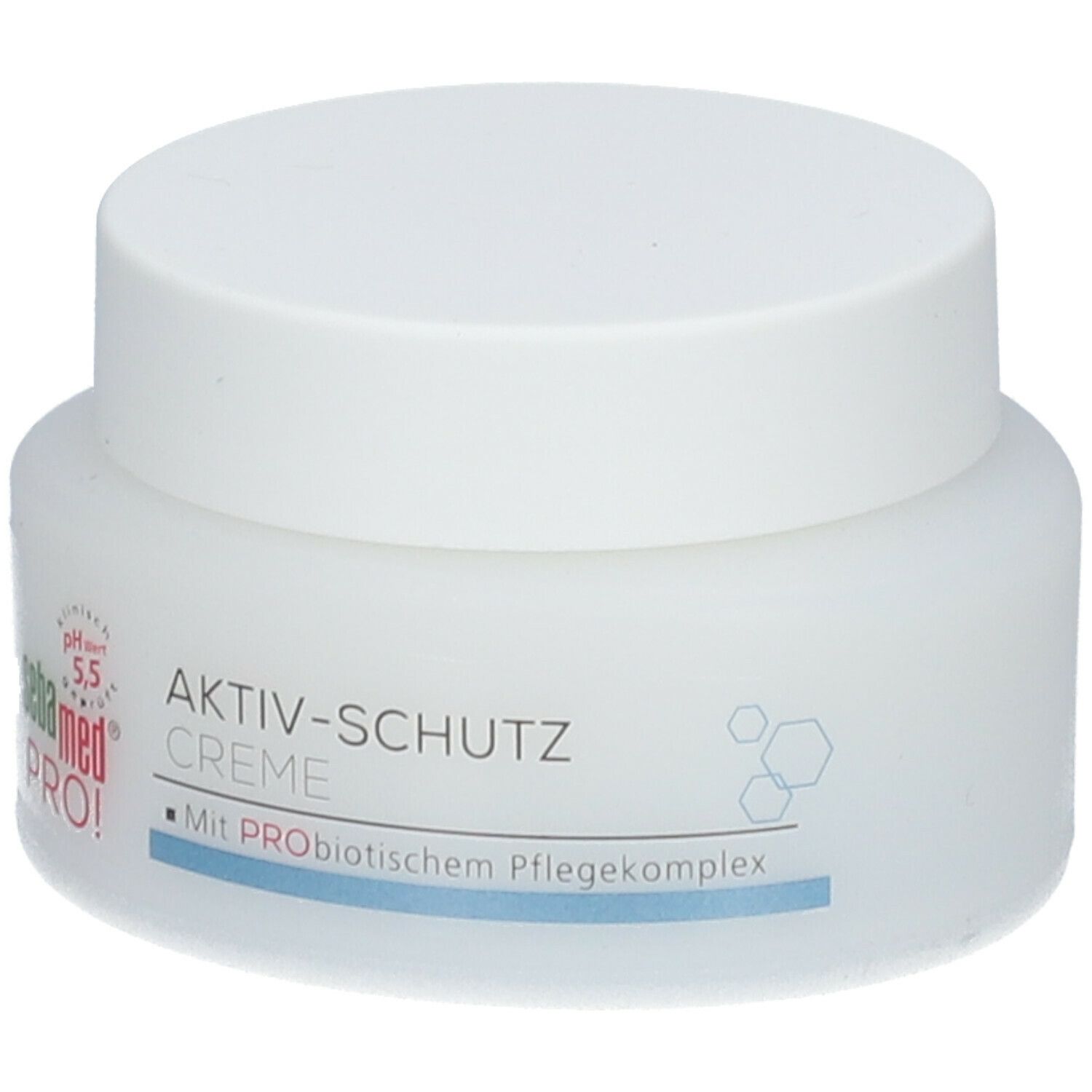 Weißes Creme-Glas mit Deckel. Aufschrift: sebamed PRO! Aktiv-Schutz Creme. pH-Wert 5,5. Mit probiotischem Pflegekomplex.